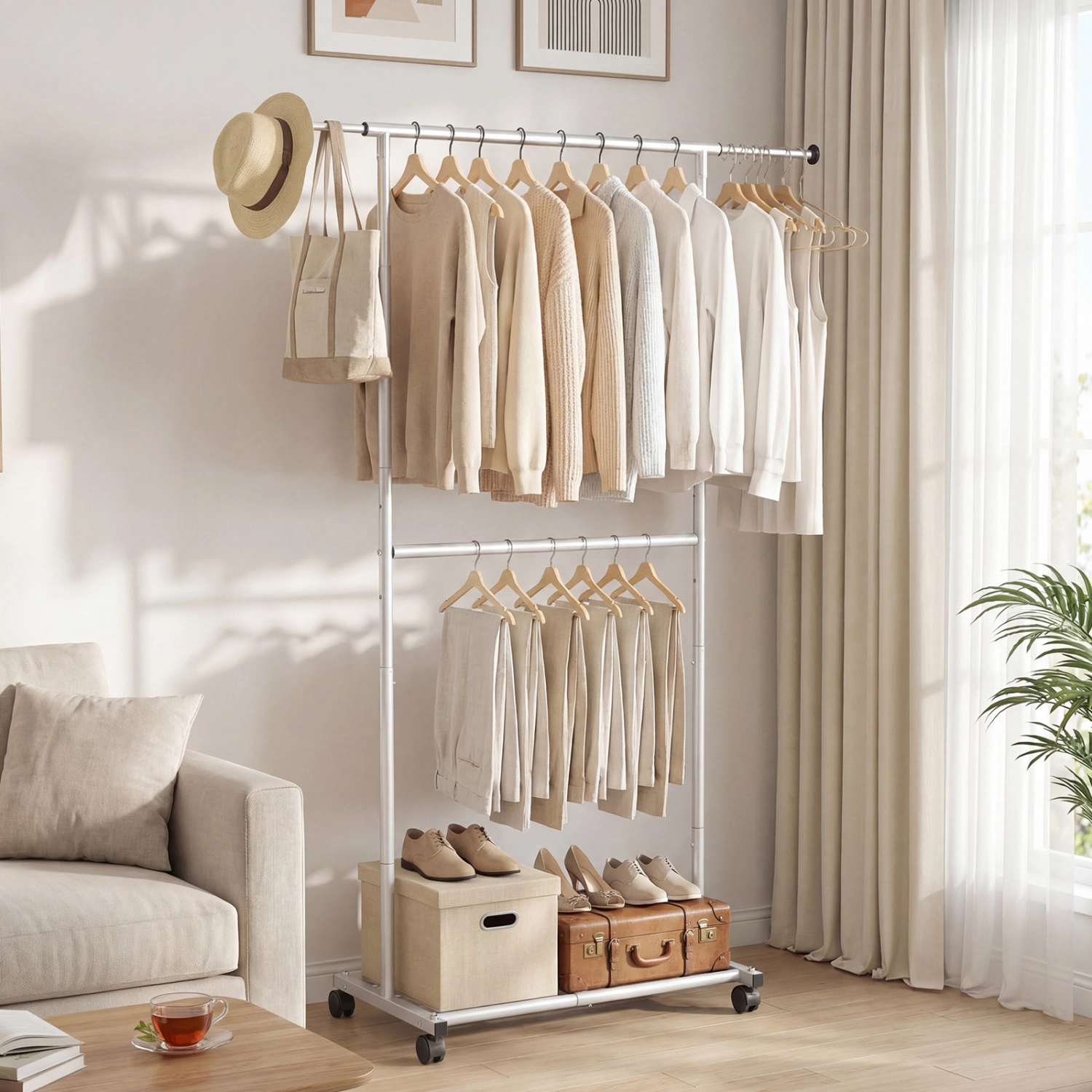 SUGIFT Double-Rod Extendable 3-Level Height Rolling Garment Rack 49.5-in x 17-in x 68-in 45-lb Capacity Silver