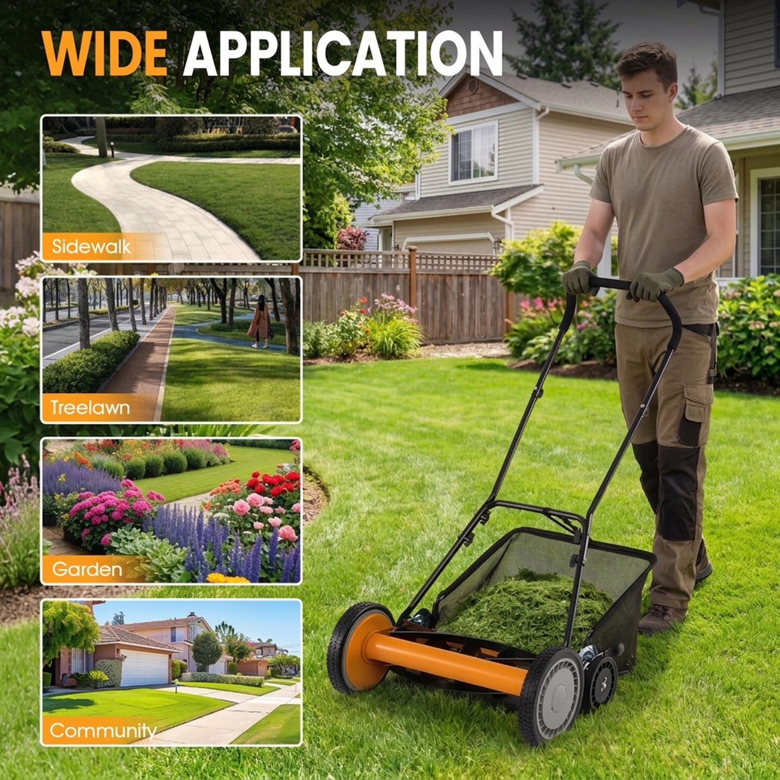 SUGIFT 18-in Push Reel Lawn Mower with 4-Position Height Adjustment Removable Grass Catcher Orange