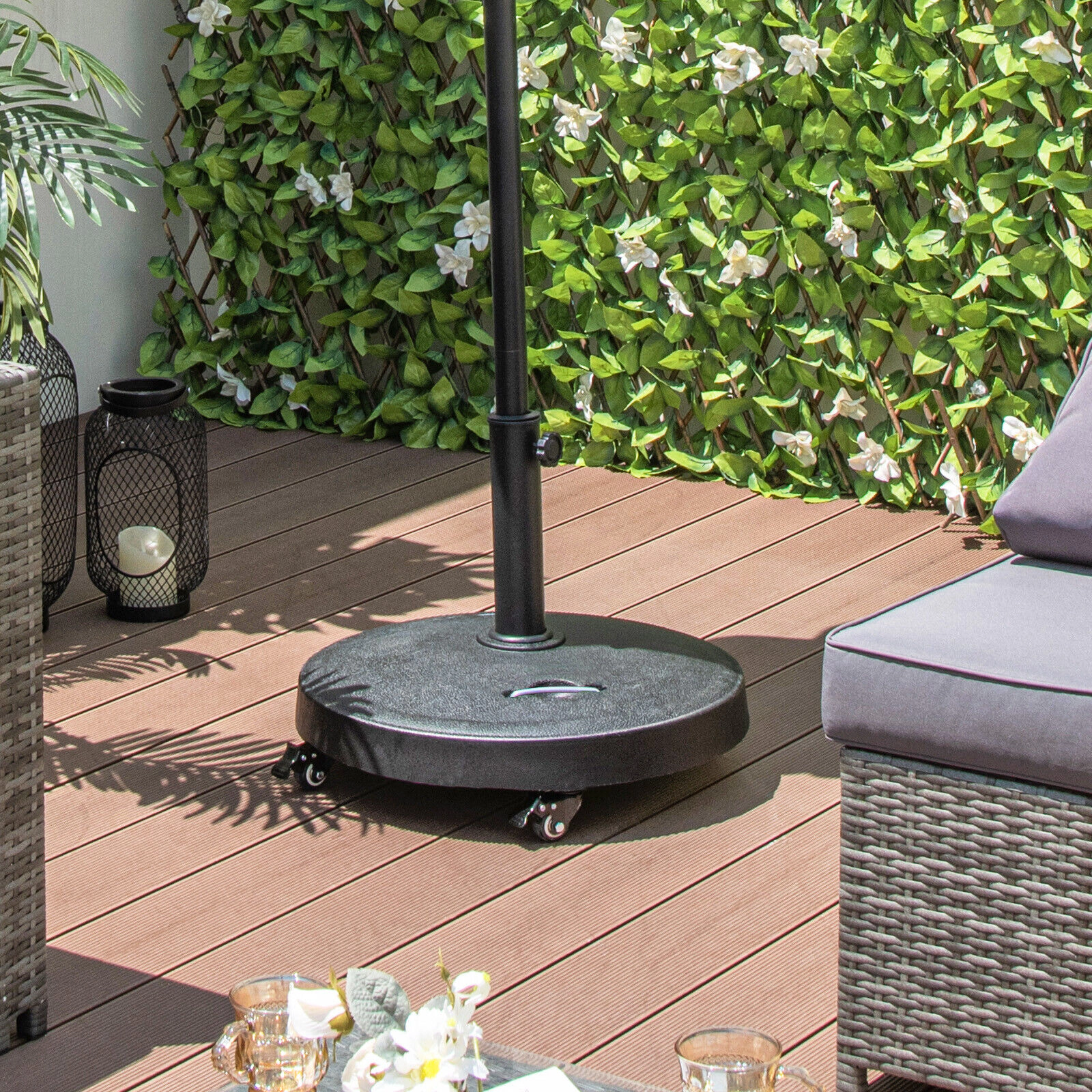 Slickblue Rolling Outdoor Umbrella Stand Base 51 lb Resin Metal 4 Lock Wheels Patio Deck