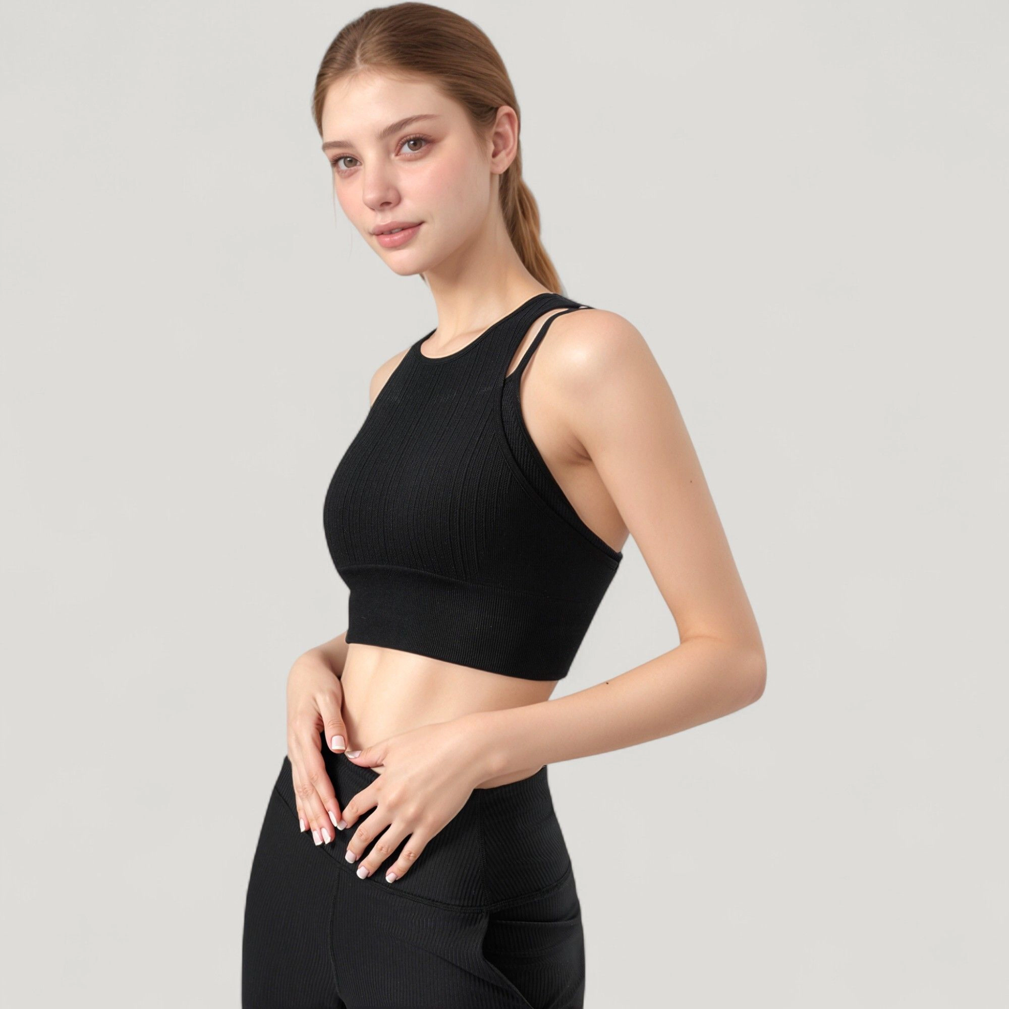 Anna-Kaci Women's Ribbed High Neck Crop Top with Double Strap Detail