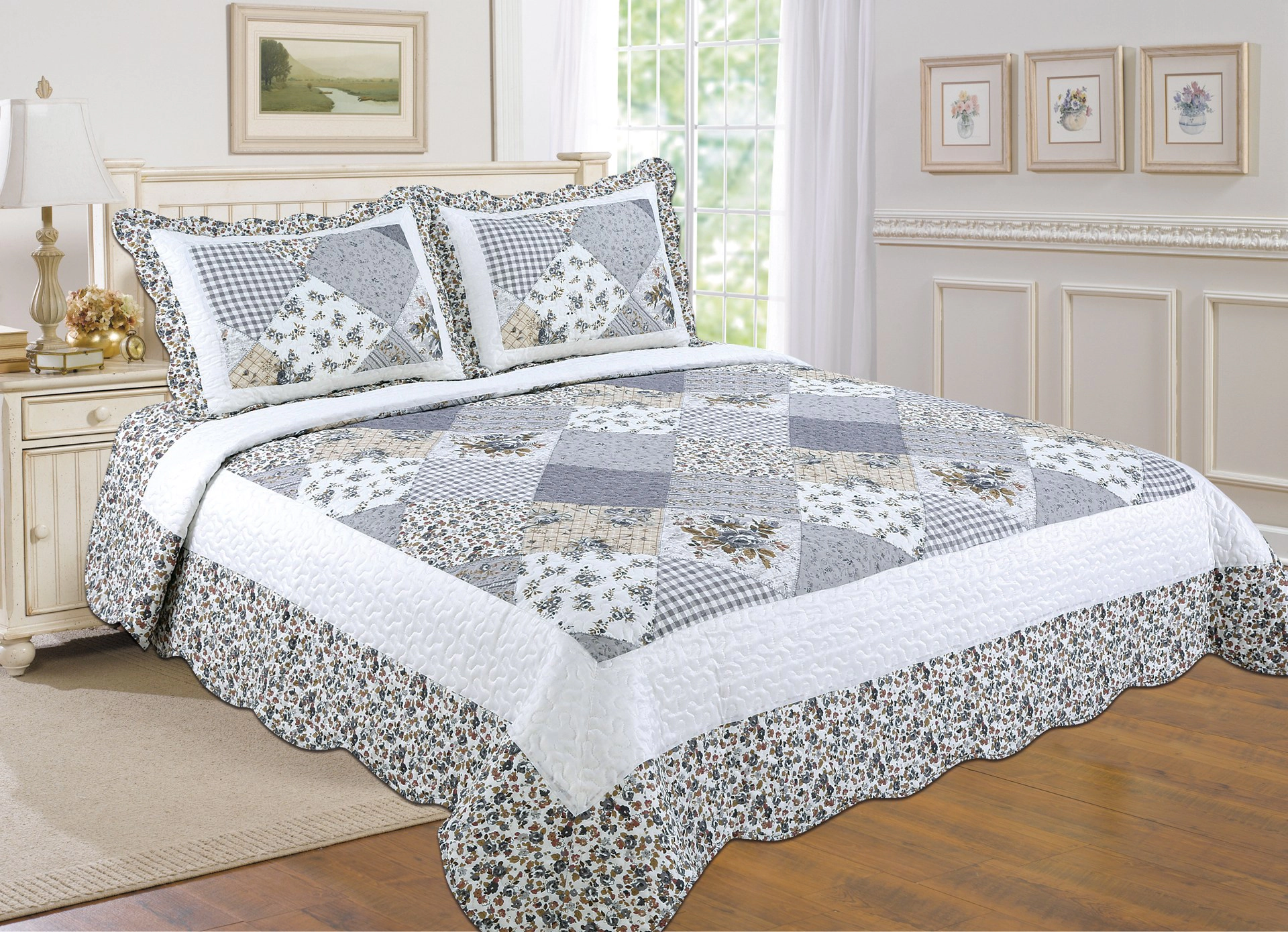 J&V TEXTILES 100% Microfiber Light Gray Reversible Quilt Set