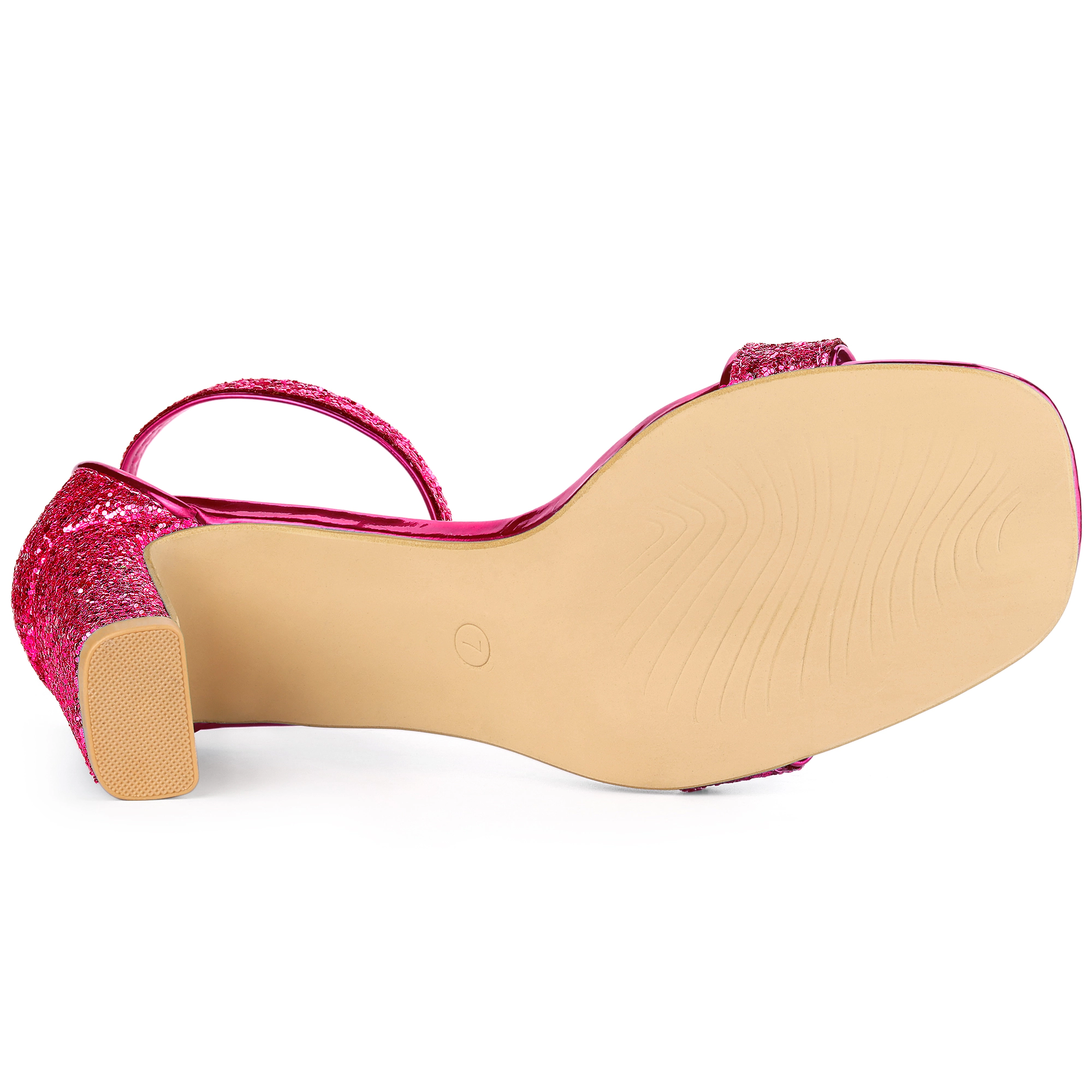 BLISSFUL STEP Women's Glitter Ankle Strap Chunky Heel Square Toe Sandals
