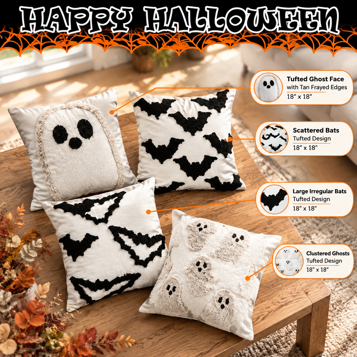 WZK Chenille Ghost Bat Embroidery Invisible Zip Halloween Throw Pillow Covers