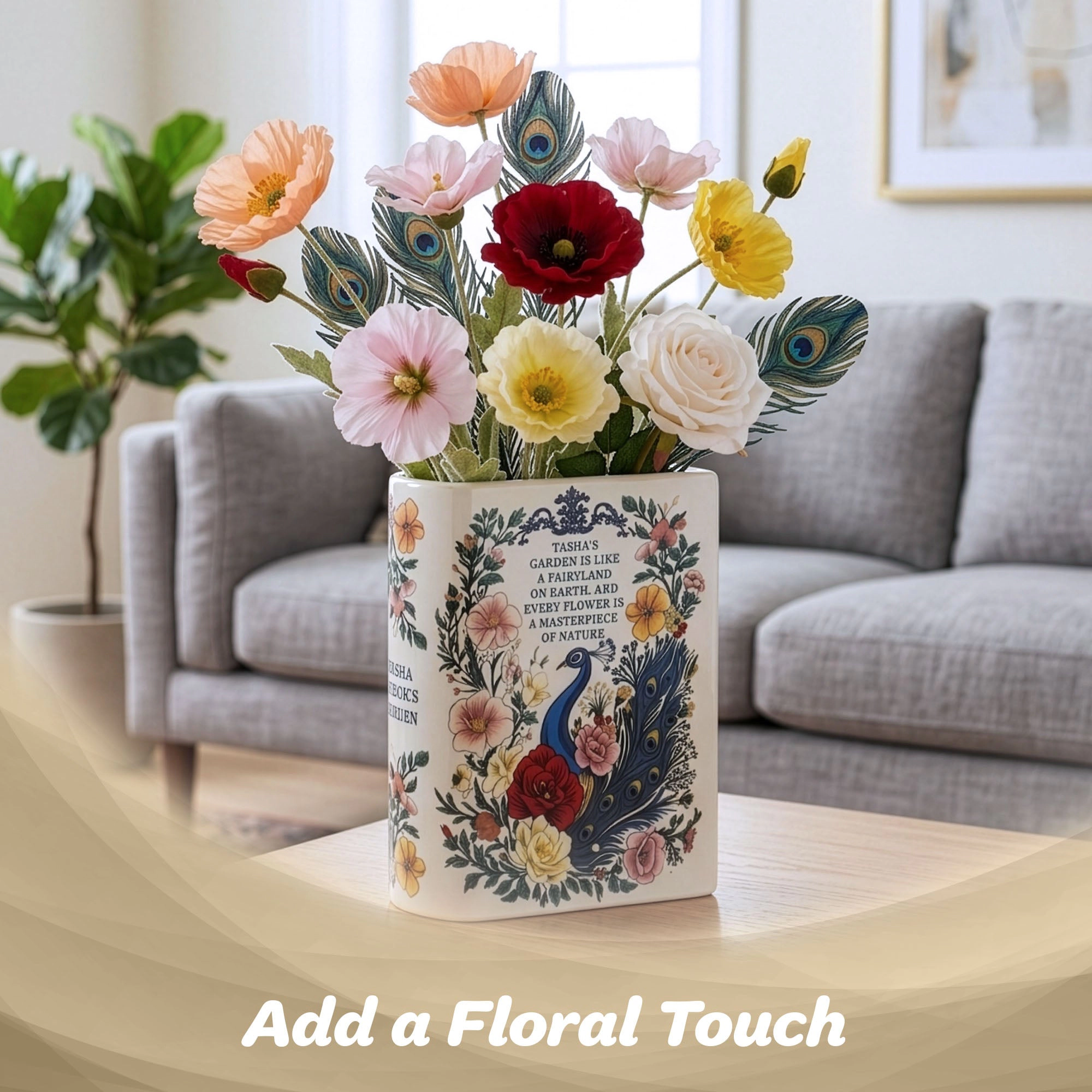 G128 Book-Shaped Ceramic Vase Peacock Pattern - Compact Decorative Flower Vase for Table Desk Office