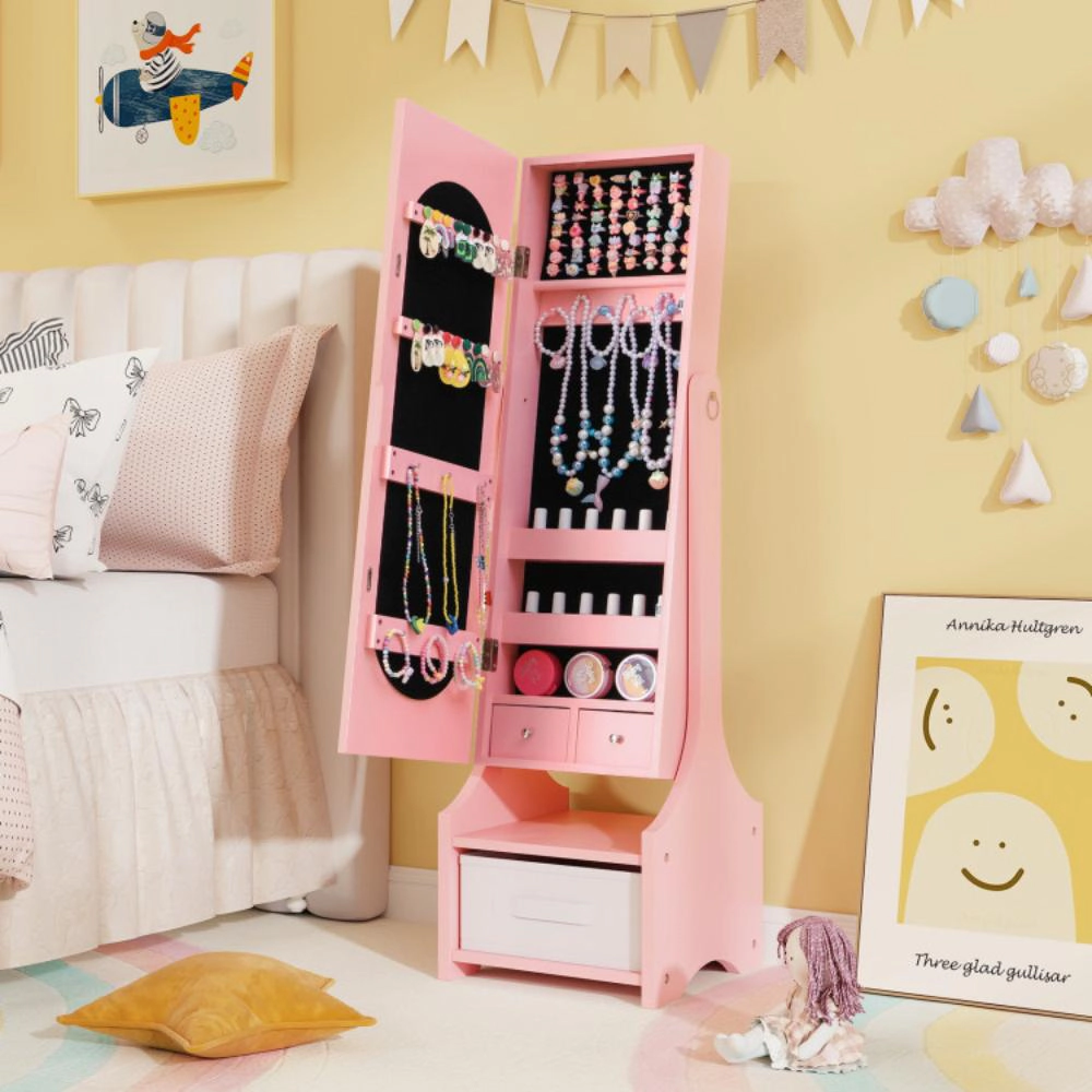 Hivvago Freestanding Kids Jewelry Armoire Cabinet With Storage And 2 Tilt Angles-Pink