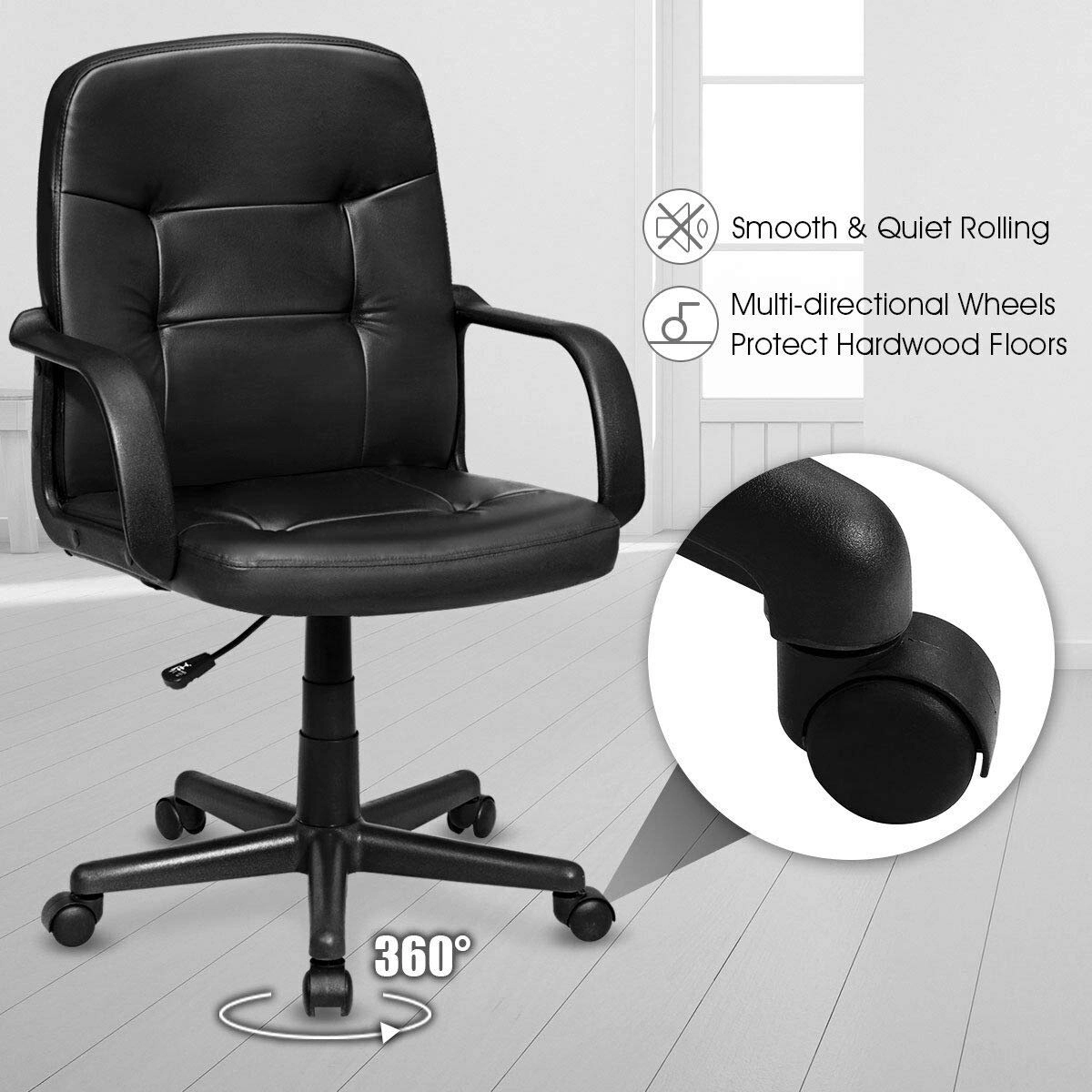 SUGIFT 250-lb Capacity Black Ribbed Leather High Back Desk Chair with Chrome Frame and 360 Degree Wheels
