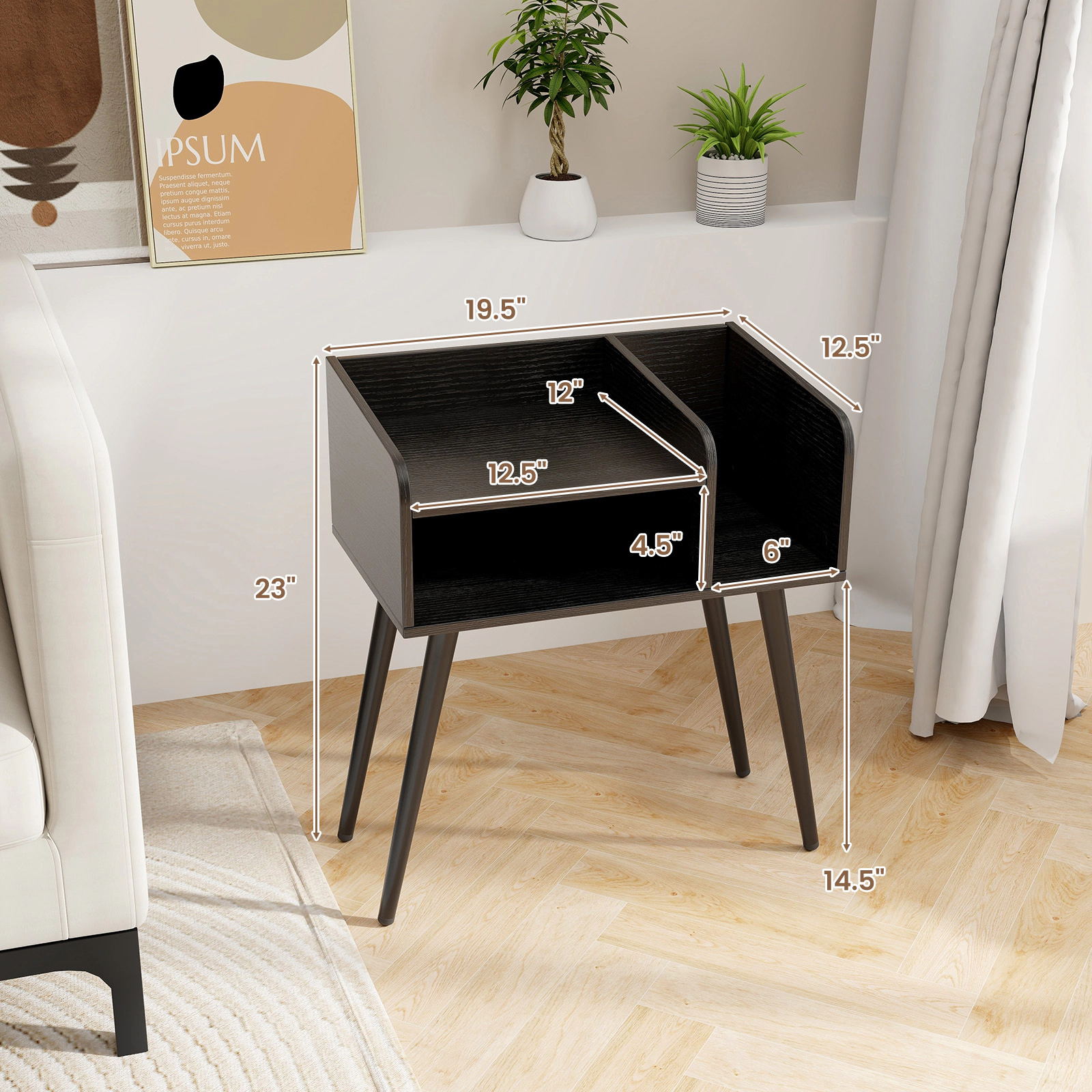 SUGIFT Mid Century Modern Nightstand with Open Shelves Engineered Wood and Metal 80-Lb Total Capacity Black