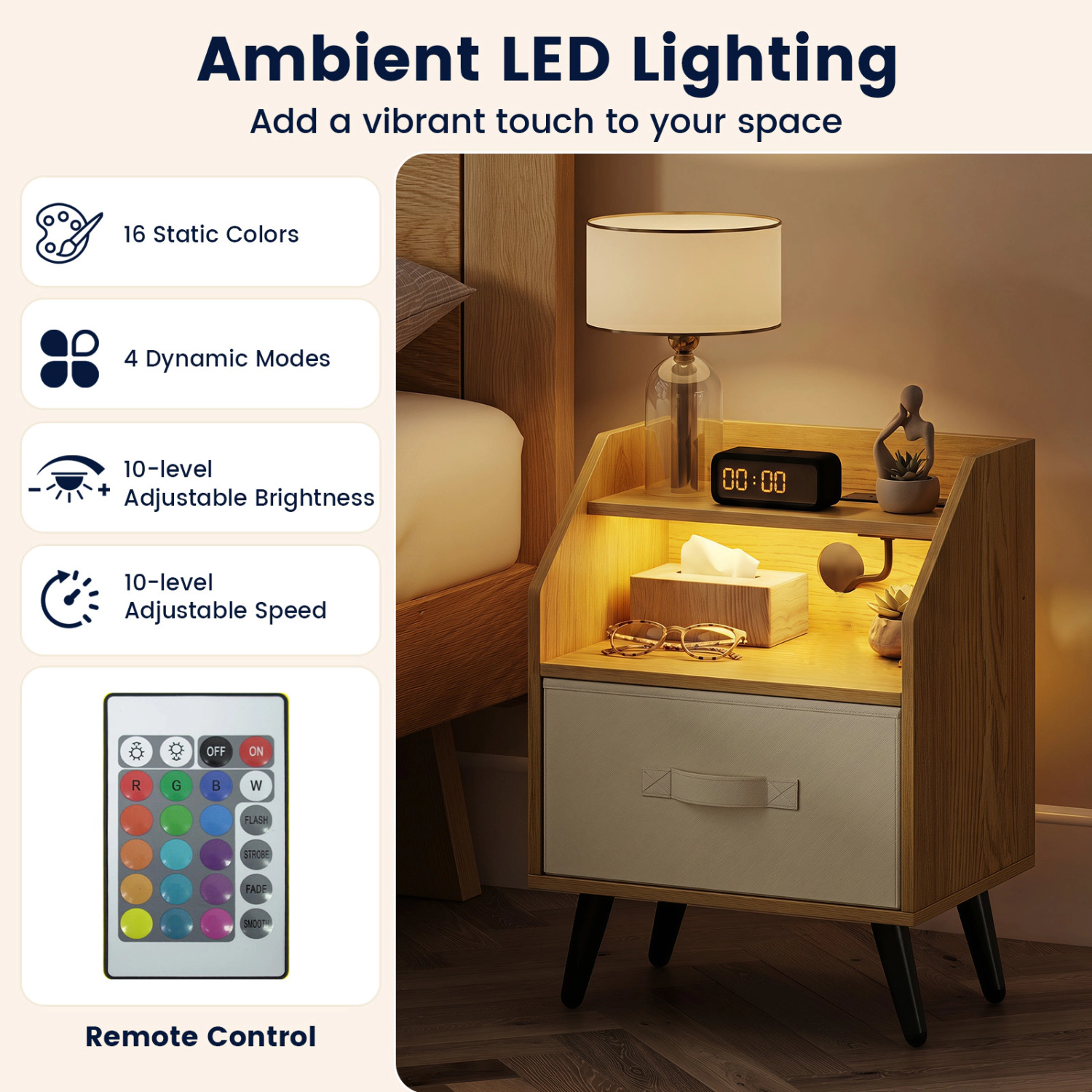 LJG Set of 2 Nightstands with LED Lights and Power Outlets for Living Room