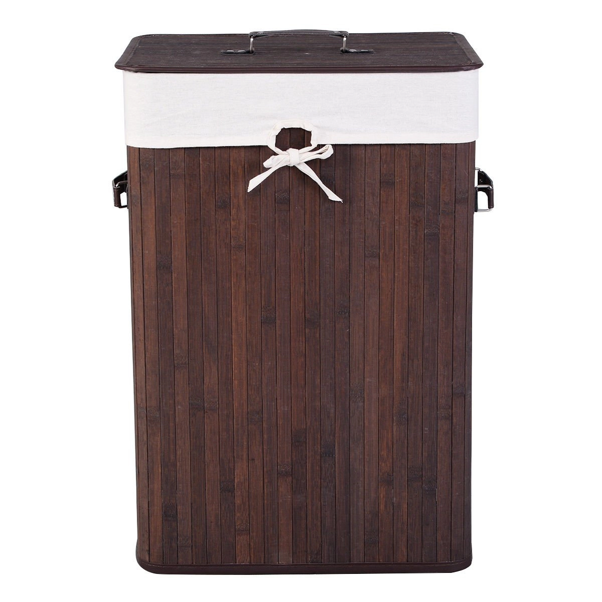 SUGIFT Brown 72L Rectangle Bamboo Clothes Hamper Laundry Basket with Lid Cotton Liner and PU Handles
