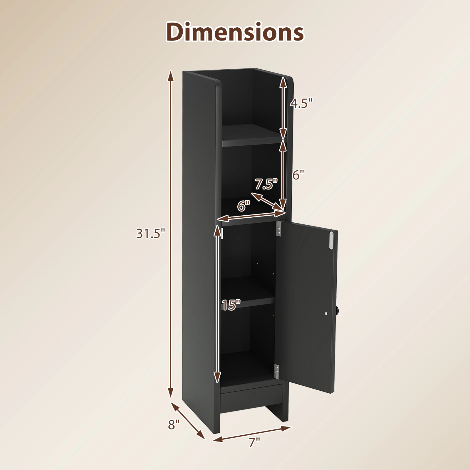 SUGIFT Corner Slim Door Adjustable Shelf Freestanding Bathroom Floor Cabinet 8-in x 7-in x 31.5-in 44-lb Capacity Black