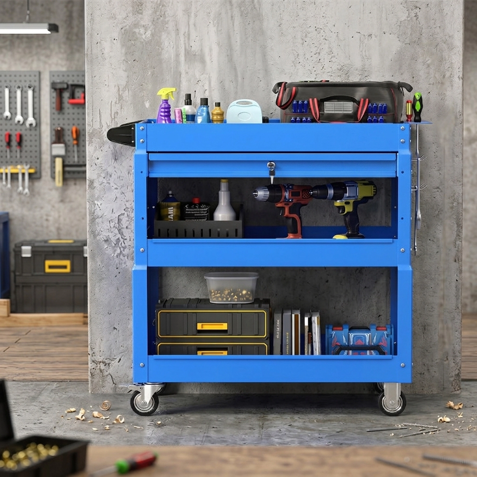 SUGIFT 3-Tier Lockable Drawer 4 Hooks Pegboard Metal Rolling Tool Cart 33-in x 14-in x 30-in 350-lb Capacity Blue