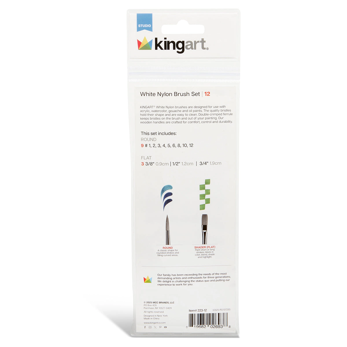KINGART® Studio Mixed Media White Nylon Brush Set - 12 pc
