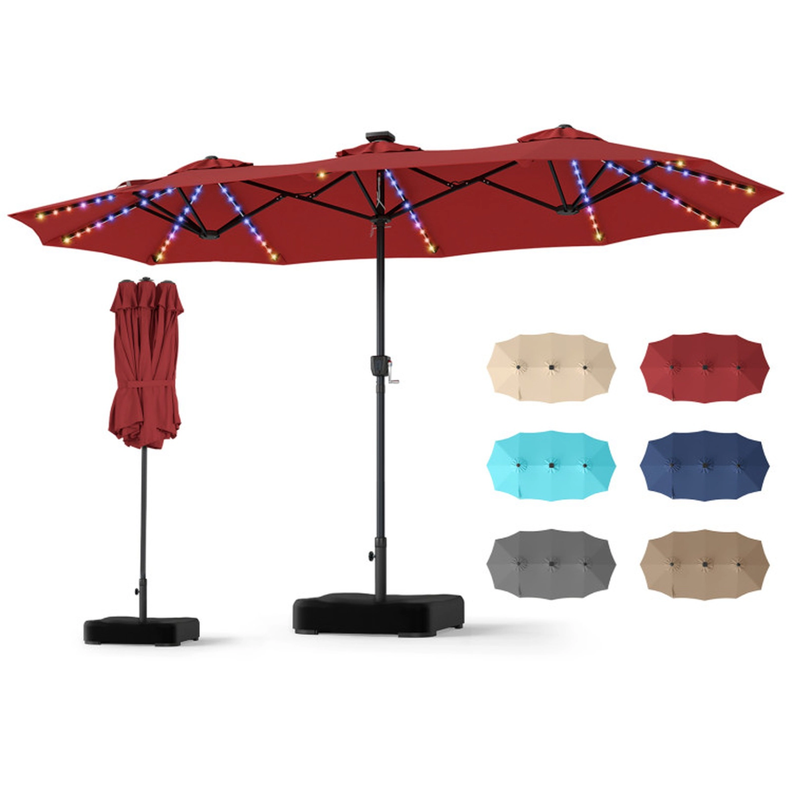 SUGIFT 13-ft Wine Rectangular Double-Sided Solar LED Patio Umbrella, 108 Lights, Crank Lift