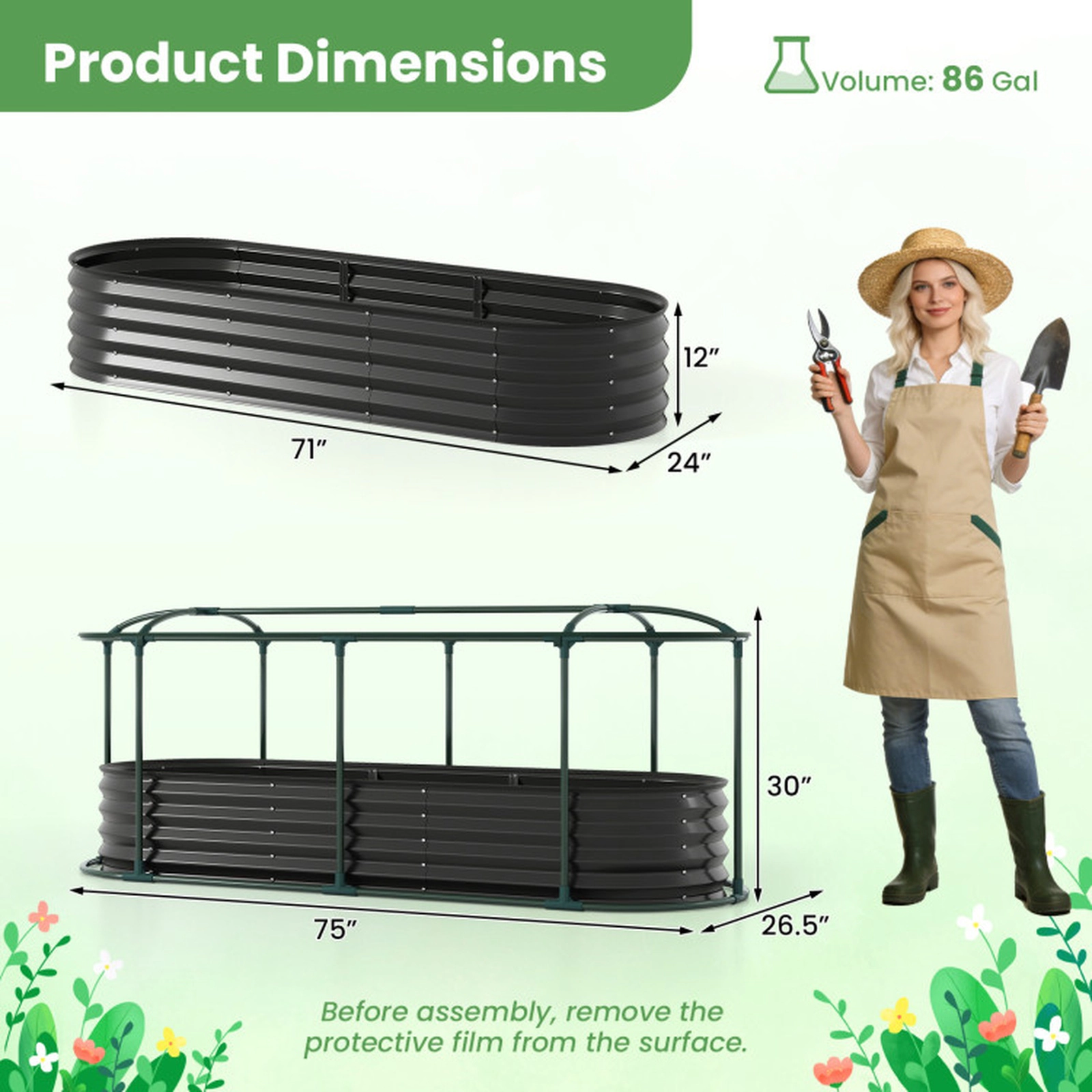 SUGIFT Raised Garden Bed with PVC Greenhouse Cover Outdoor Planter 86-Gal Volume Black/Silver+Transparent