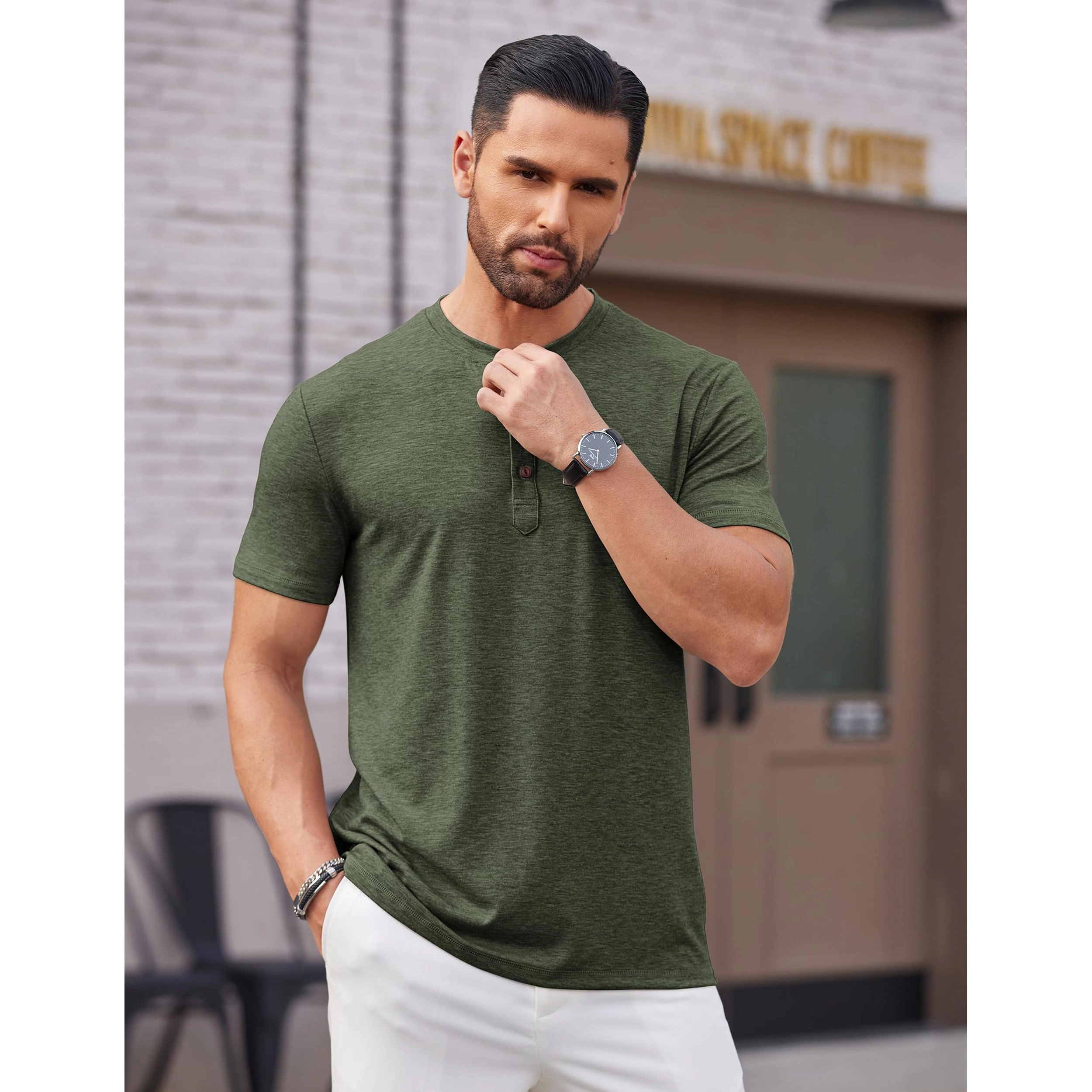 COOFANDY Mens Casual Short Sleeve Henley Shirt  Button Placket Crew Neck Tees