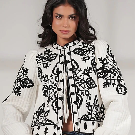 Rose & Nancy Women's Lori Black And White Cotton Quilted Embroidered Jacket