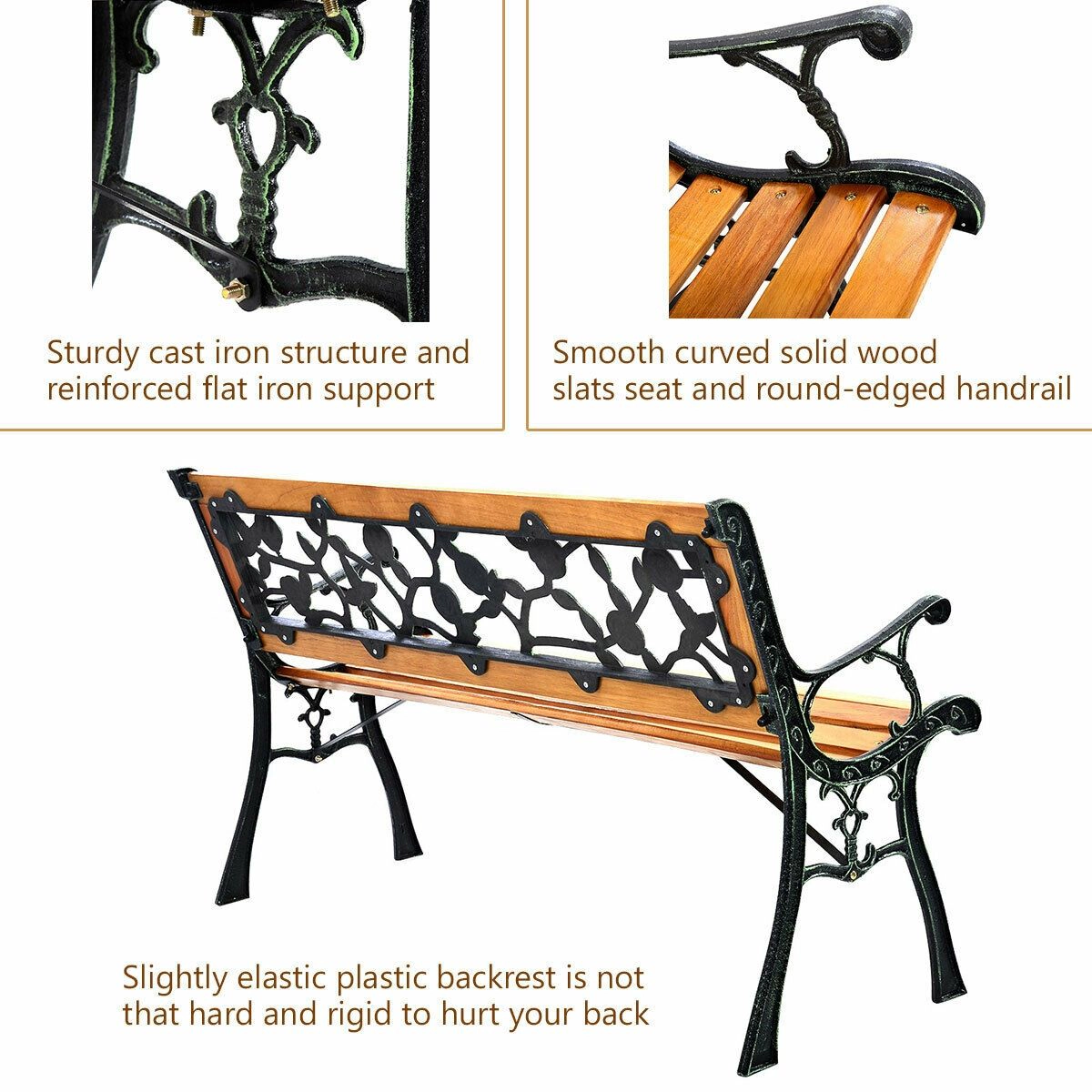 SlickBlue 3 Person Outdoor Bench with Cast Iron Frame and Wood Slat Seat