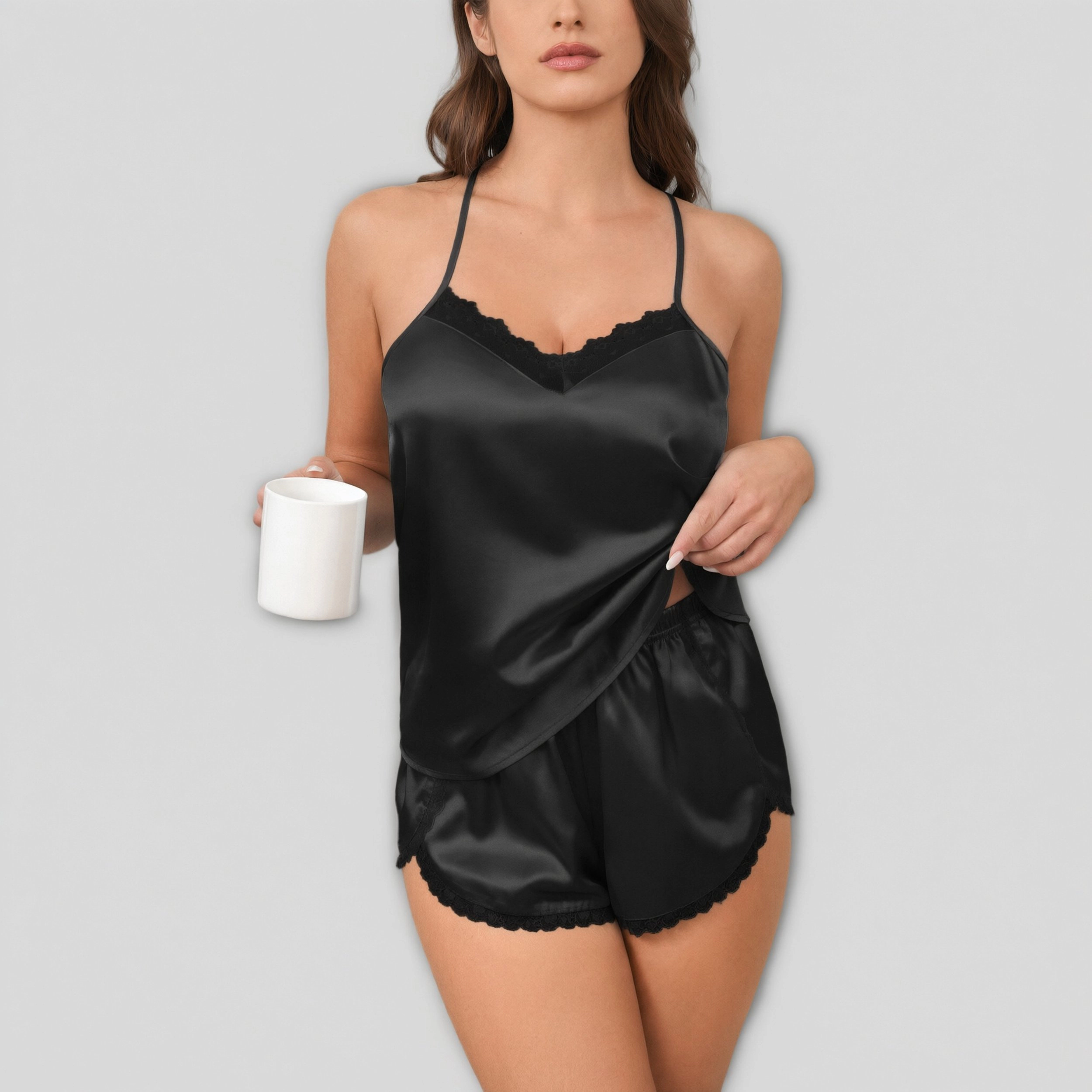 Ekouaer Women's Two Piece Satin Lace V-Neck Camisole Pajama Shorts Set