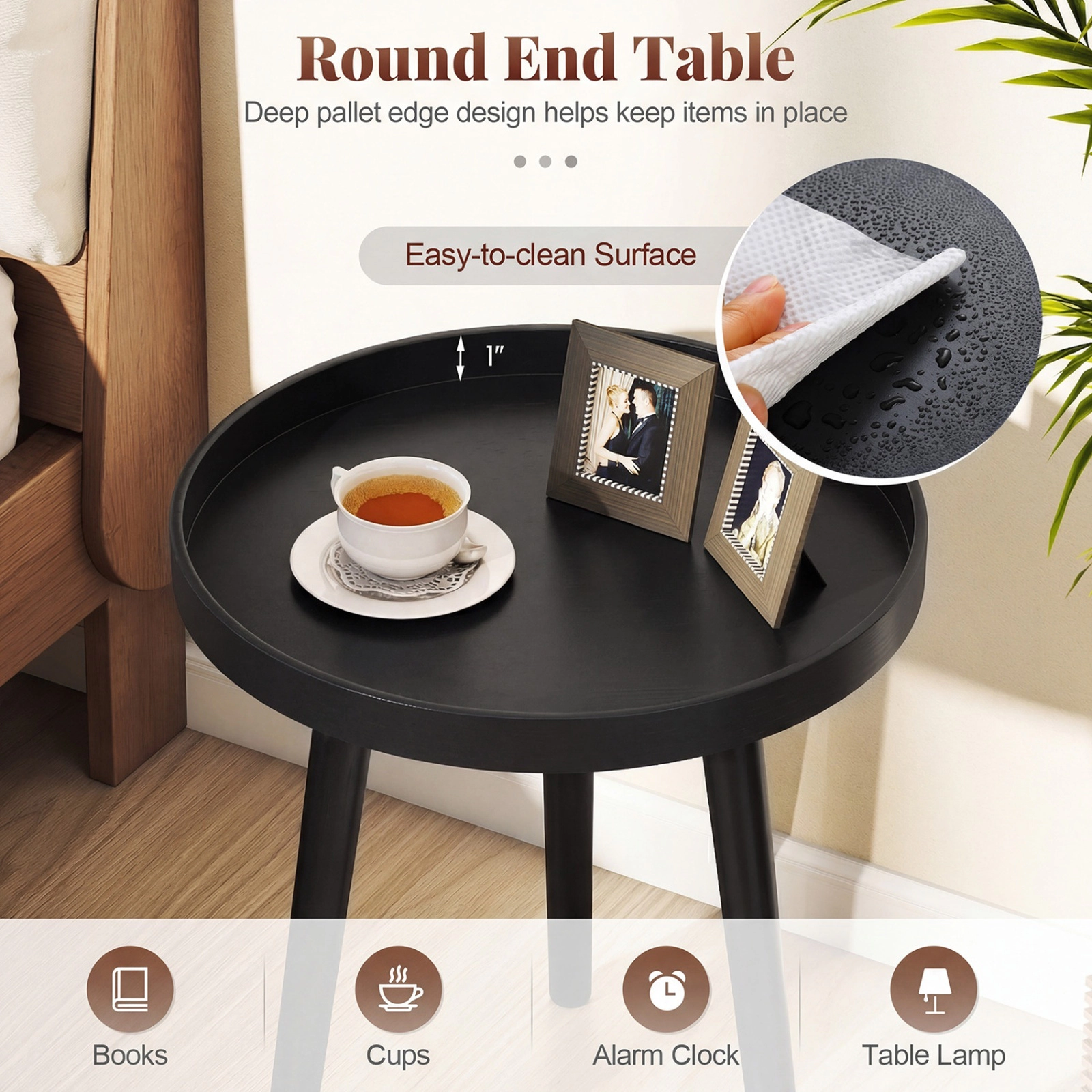 SUGIFT Black 17-Inch Round Side Table with Tray Top and Bamboo Legs