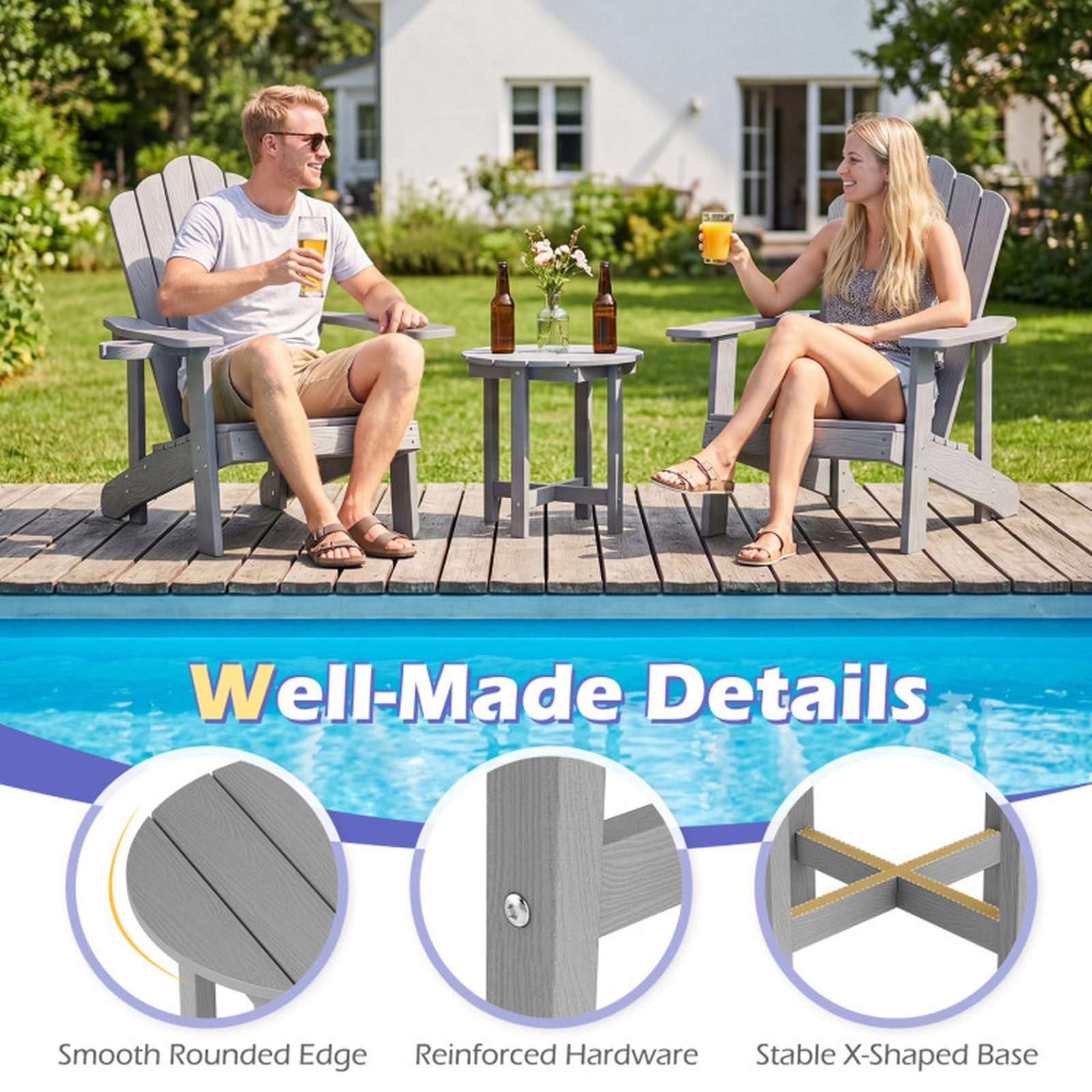SUGIFT Weather-Resistant HIPS Adirondack Side Table 66-lb Capacity 18-in Square Top 1-Pc Black Coffee Gray White
