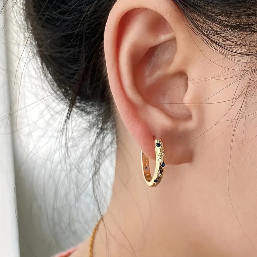 Star Moon Blue Crystal Huggie Hoop Earring