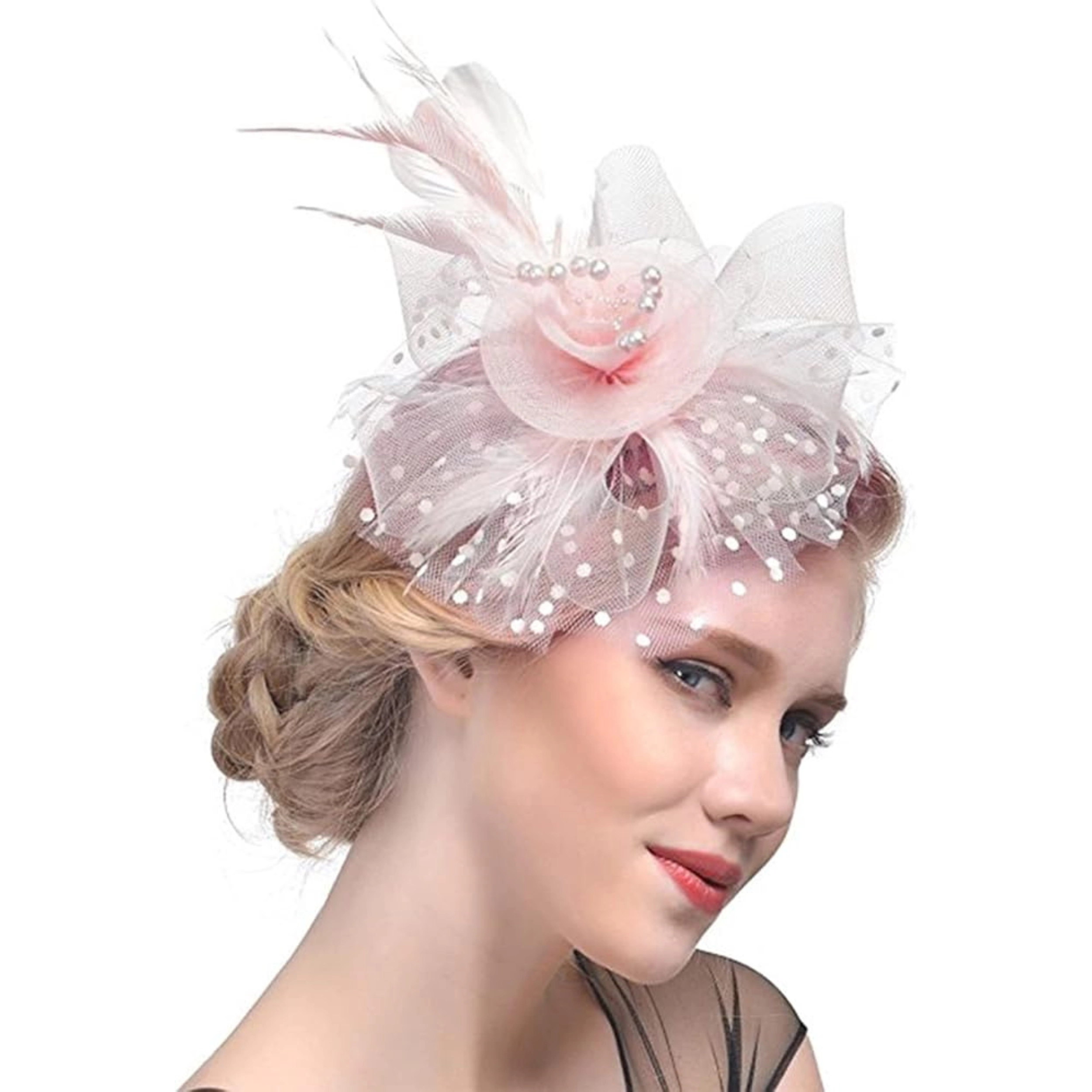SS Design Blush Pink Fascinator Derby Hat Flower Mesh Feather