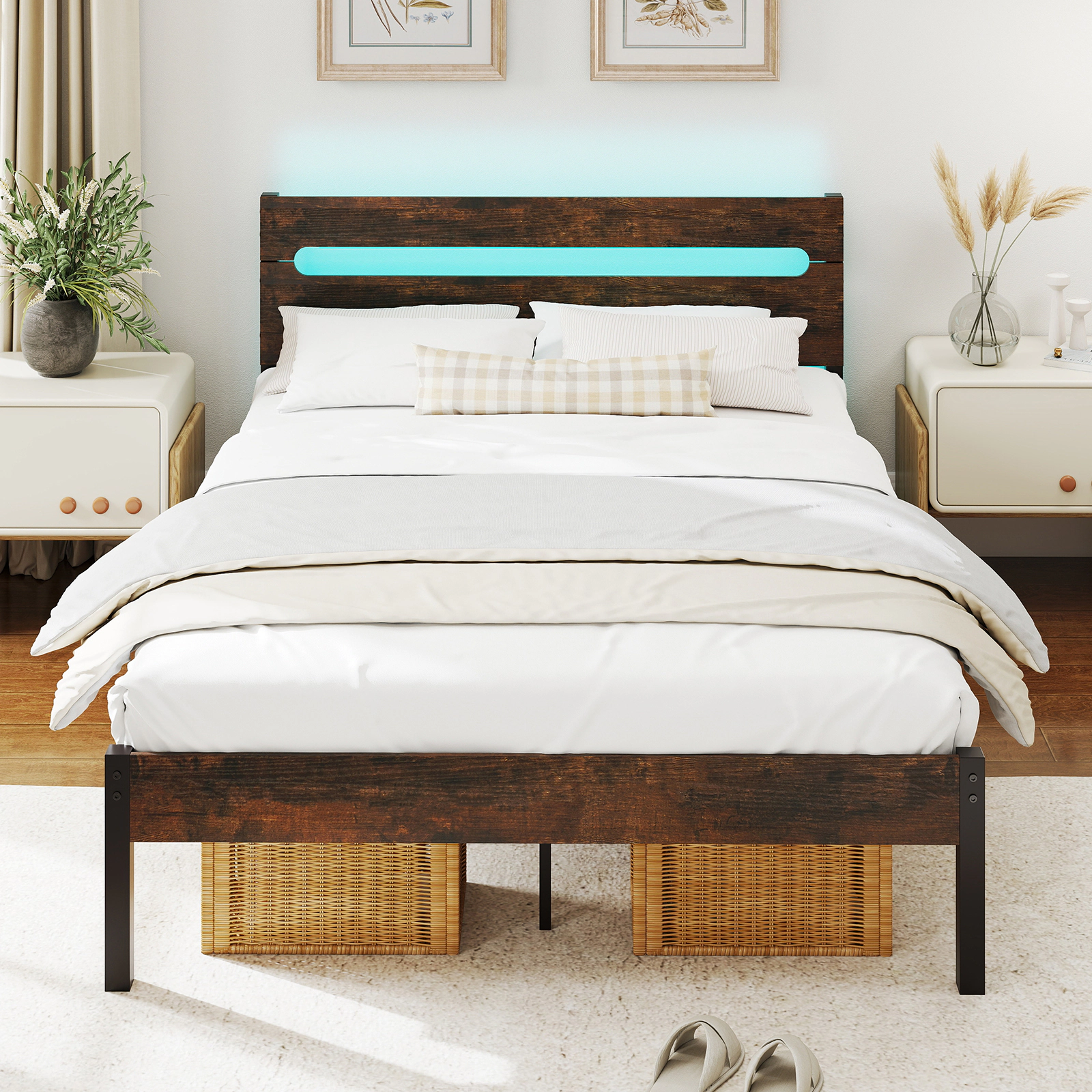 SUGIFT Metal Slats Support Bed Frame with LED Lighting & Charging Station 880-lb Capacity Rustic Brown + Black