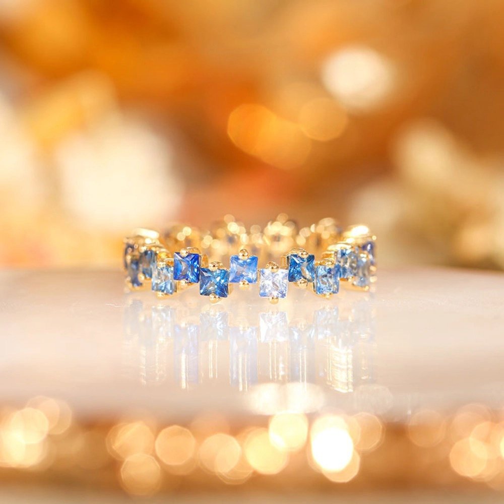 Wardrobe Whimsy Gradient Blue Square Cubic Zirconia Gold‑Tone Adjustable Ring