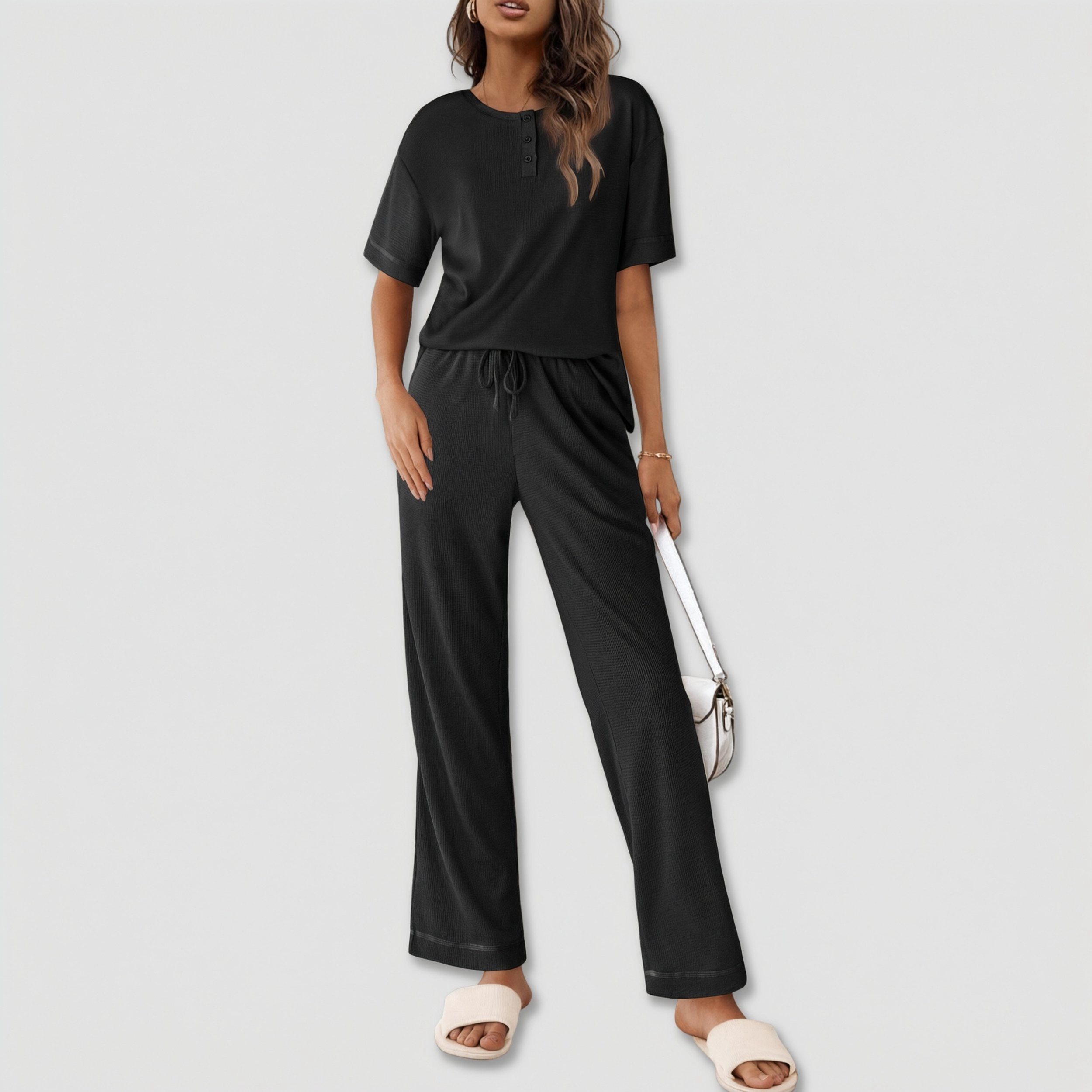 Ekouaer Lounge Sets for Women Waffle Knit Womens Pajama Two Piece Pjs Short Sleeve Top Long Pant