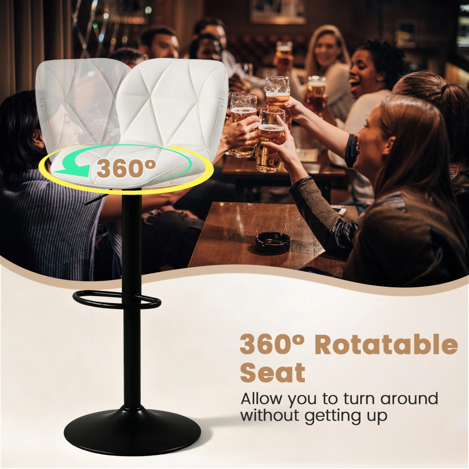 SUGIFT Set of 4 White Adjustable Swivel Bar Stools, PU Leather, Curved Back