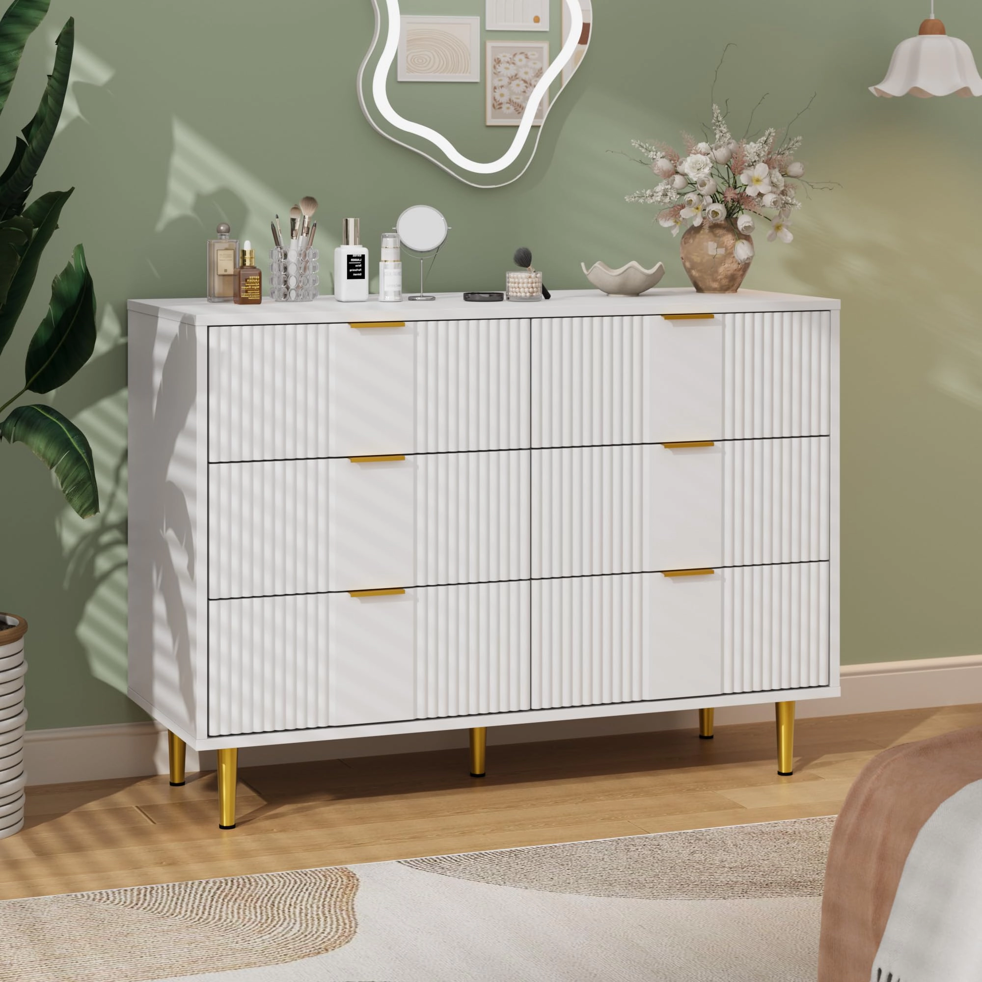 39.4" Fluted 6 Drawer Dresser with Metal Handles, Modern Wood Storage Chest for Bedroom