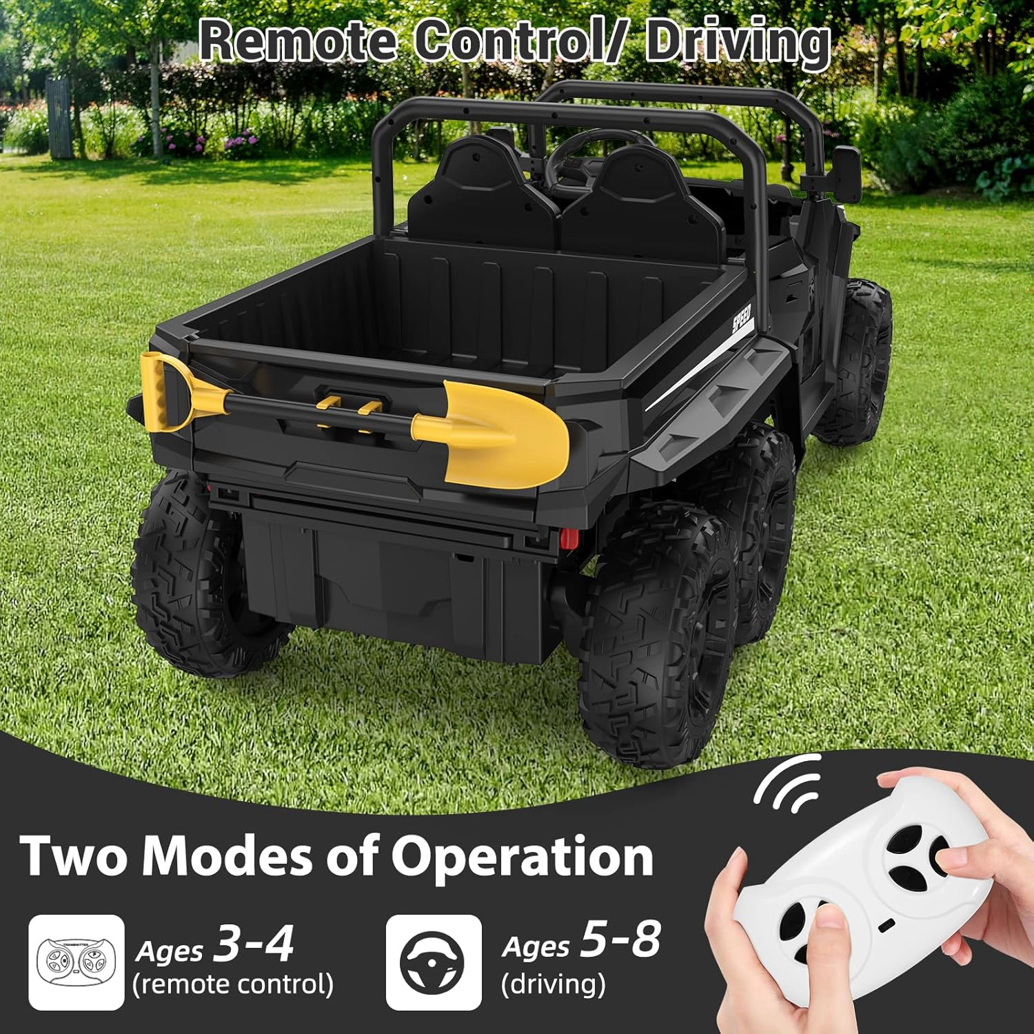 24V 4WD 6-Wheel Kids Electric Dump Truck, 2-Seater, 4×200W Motors, Remote Control, LED Lights, Music, Bed