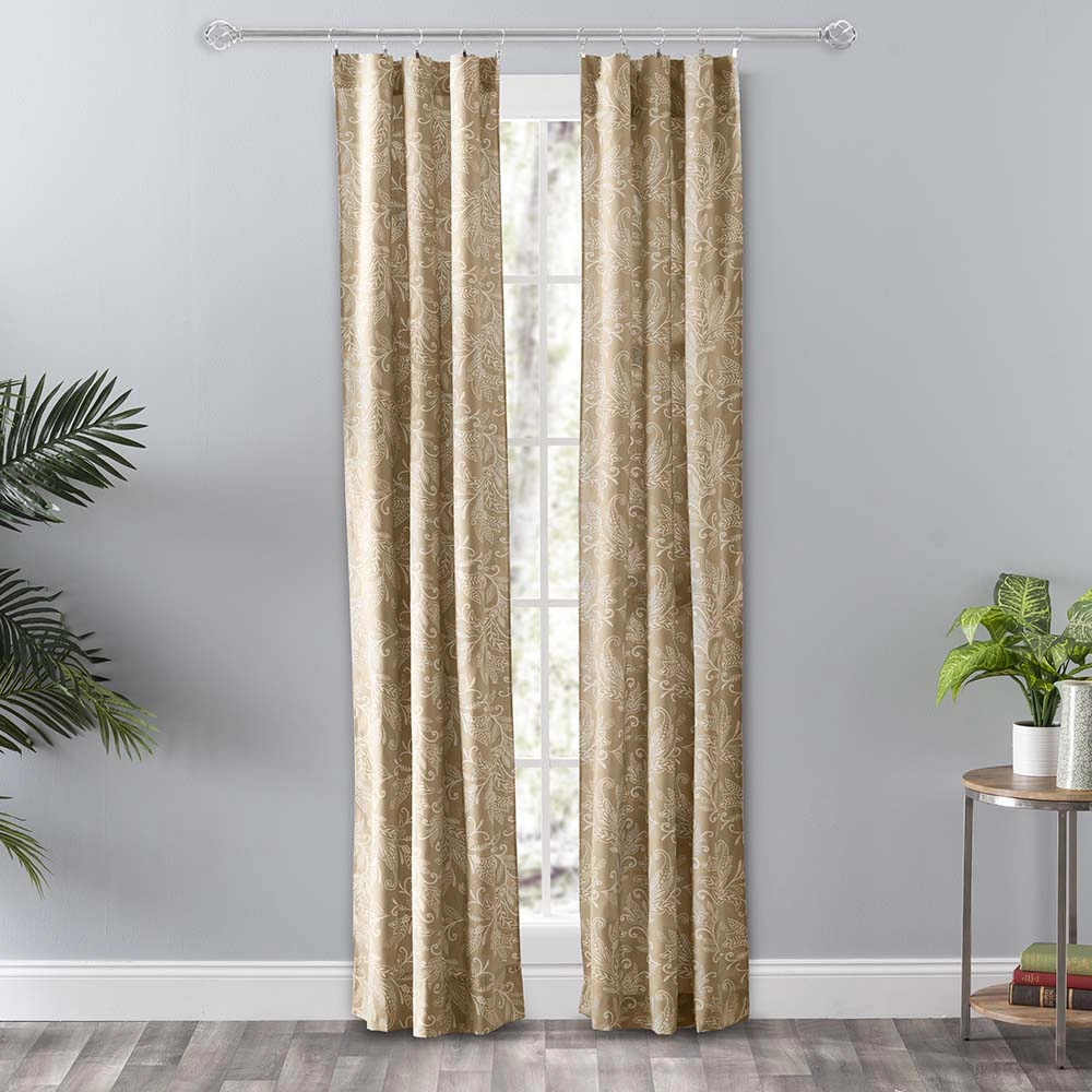 Ellis Curtain Lexington Leaf Pattern on Colored Ground Curtain Pair with Ties 56"x84" Tan