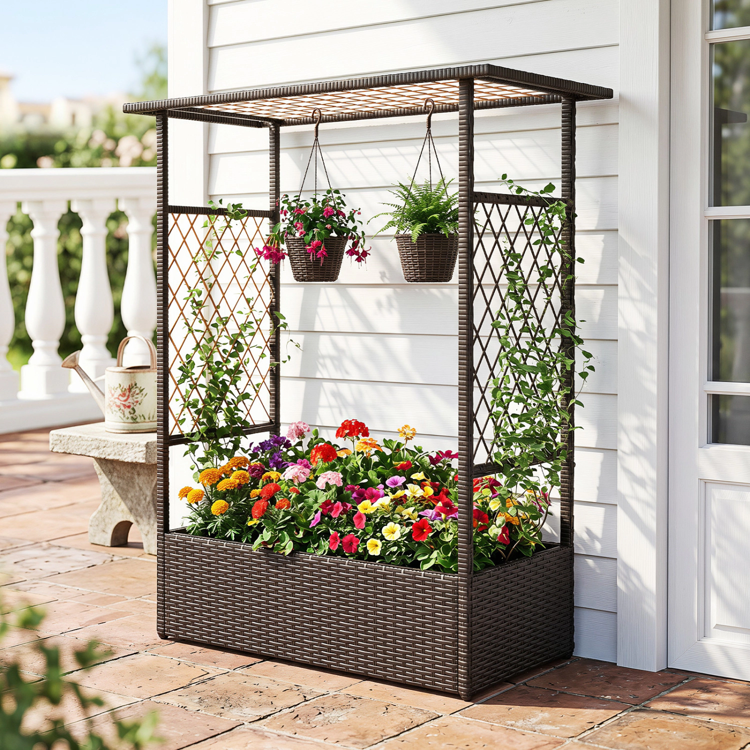 LJG 2-in-1 Raised Garden Bed with Hanging Roof and Trellises