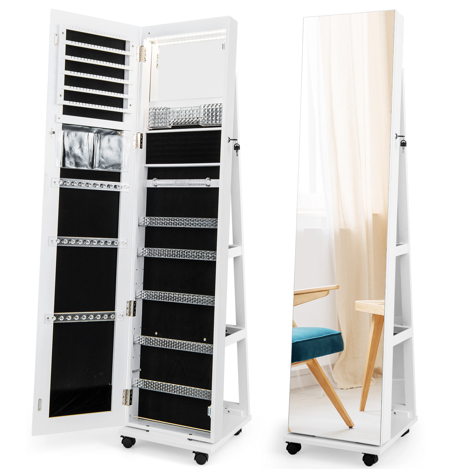 SUGIFT 64-in White Standing Jewelry Organizer Cabinet Mirror Armoire with Necklace Hooks and Earring Slots