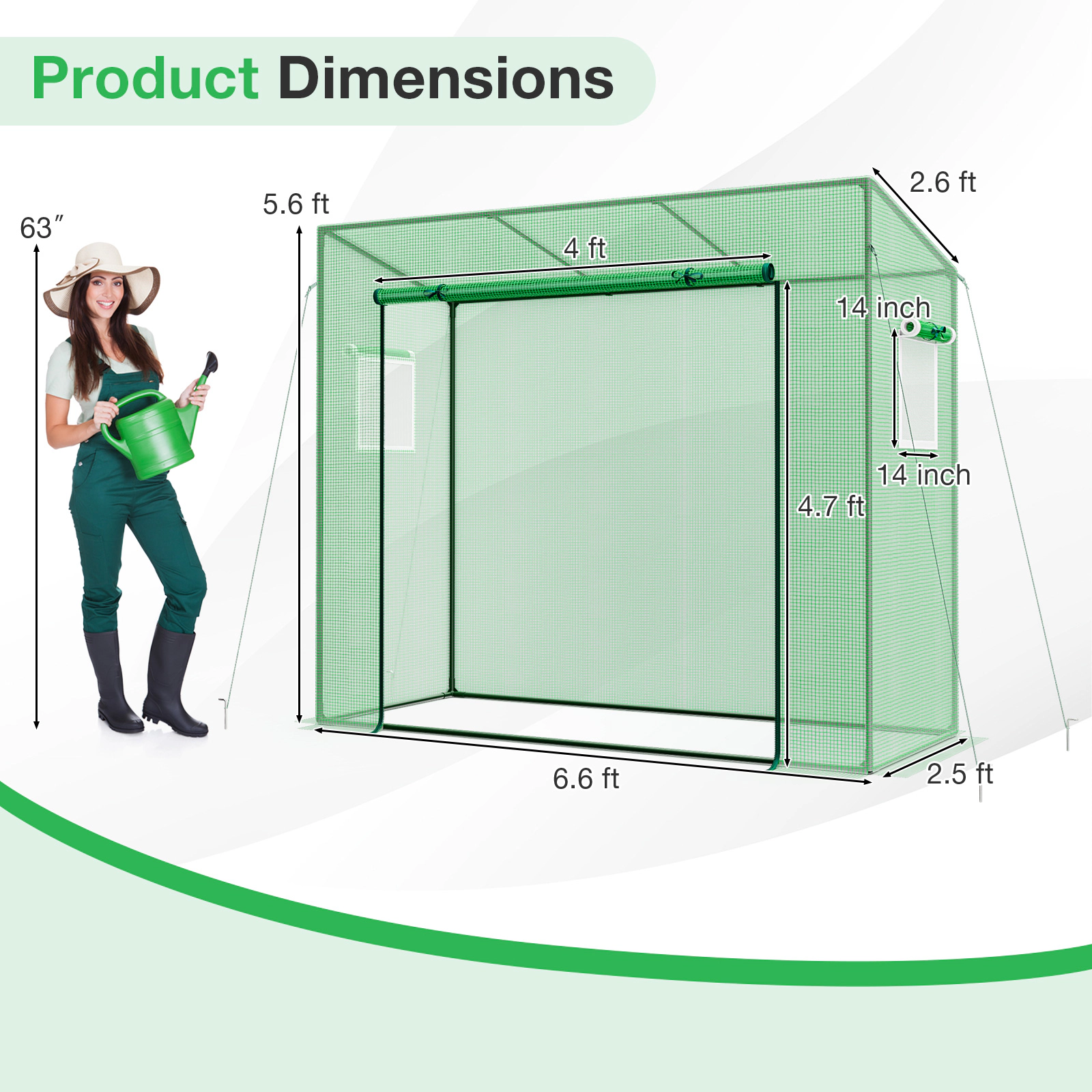 SUGIFT Walk-in Greenhouse Green 6.6 x 2.5 x 5.6 ft Portable with Roll-up Zipper Door