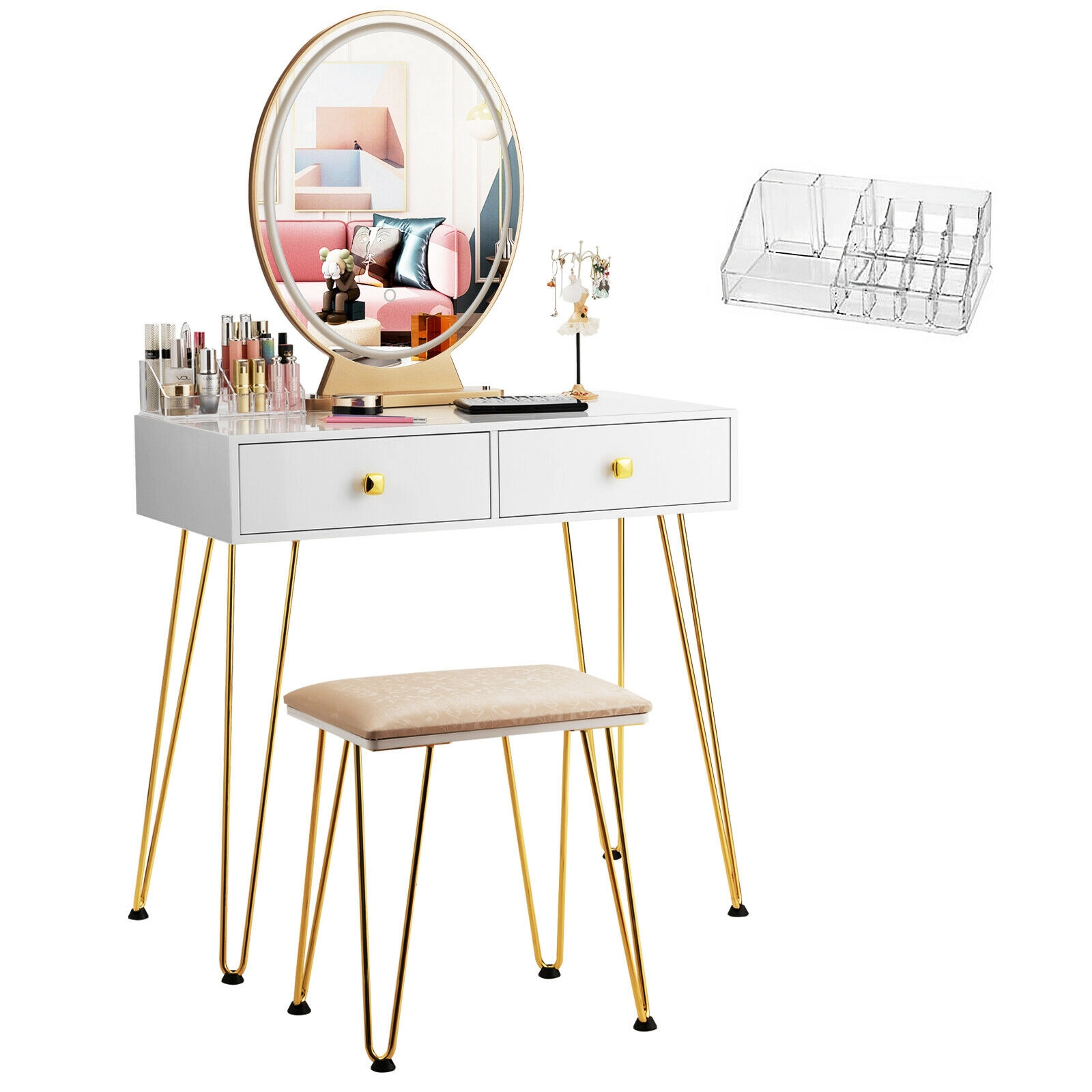 SUGIFT White 3 Lighting Modes Removable Mirror and Fluffy Stool Industrial Makeup Dressing Table