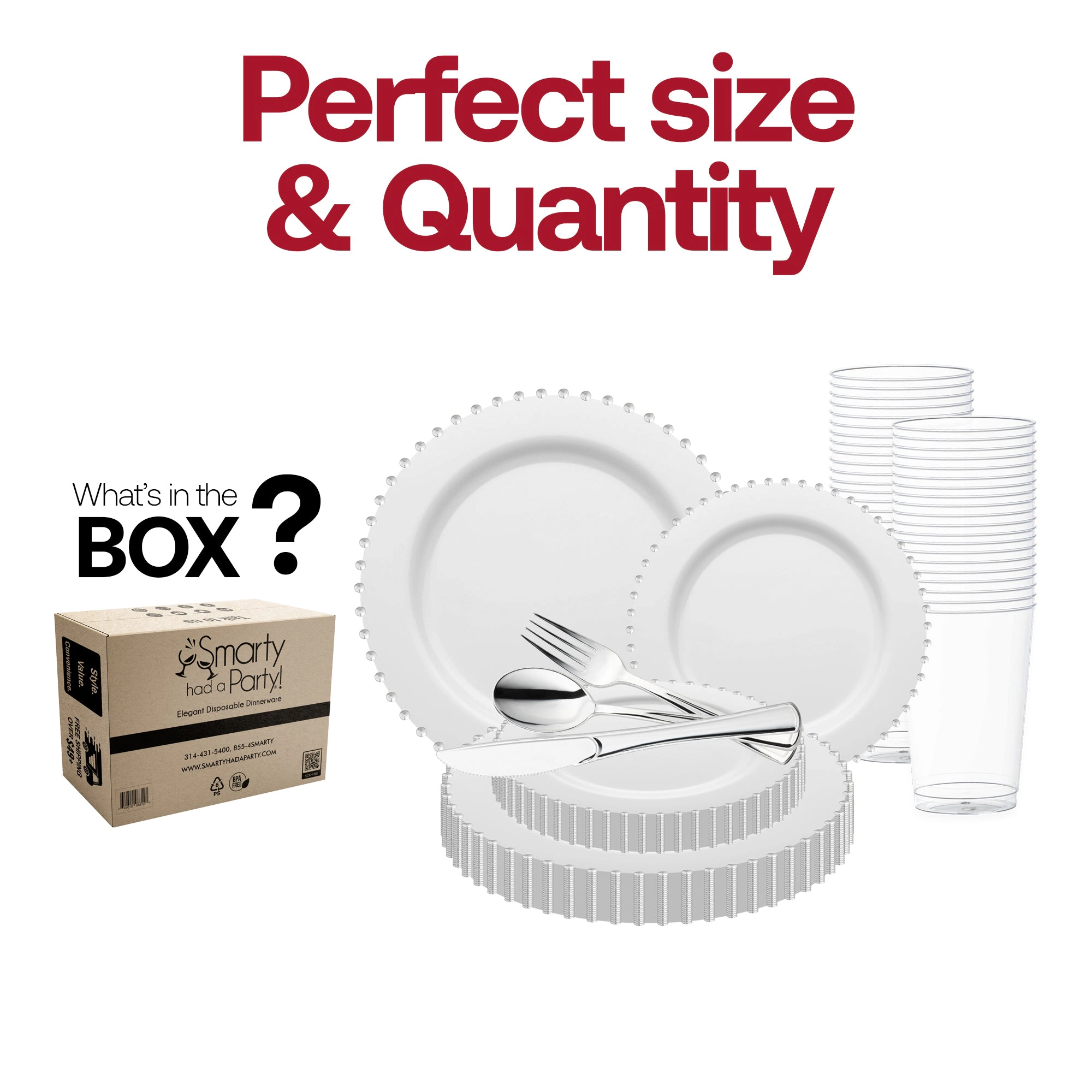 Smarty Had A Party White with Silver Pearl String Round Disposable Plastic Wedding Value Set