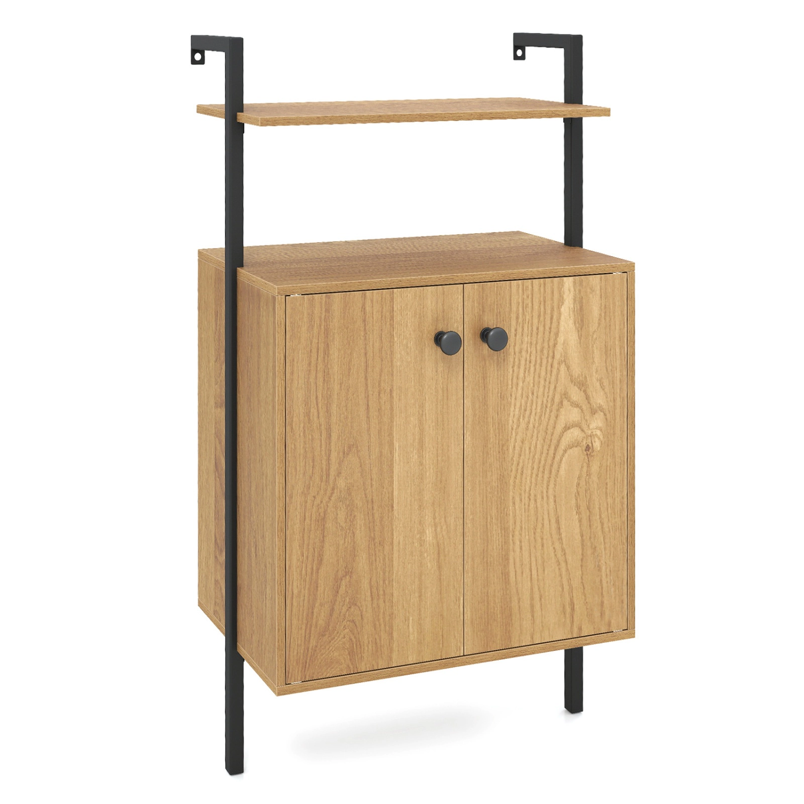 SUGIFT Natural 2-Door Wall Mount Bookshelf with Storage Cabinet and Open Shelves