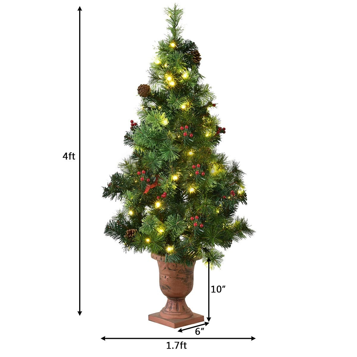 Glintex 4-Ft Pre-Lit Christmas Tree with Red Berries Pine Cones and 60 LEDs, Green