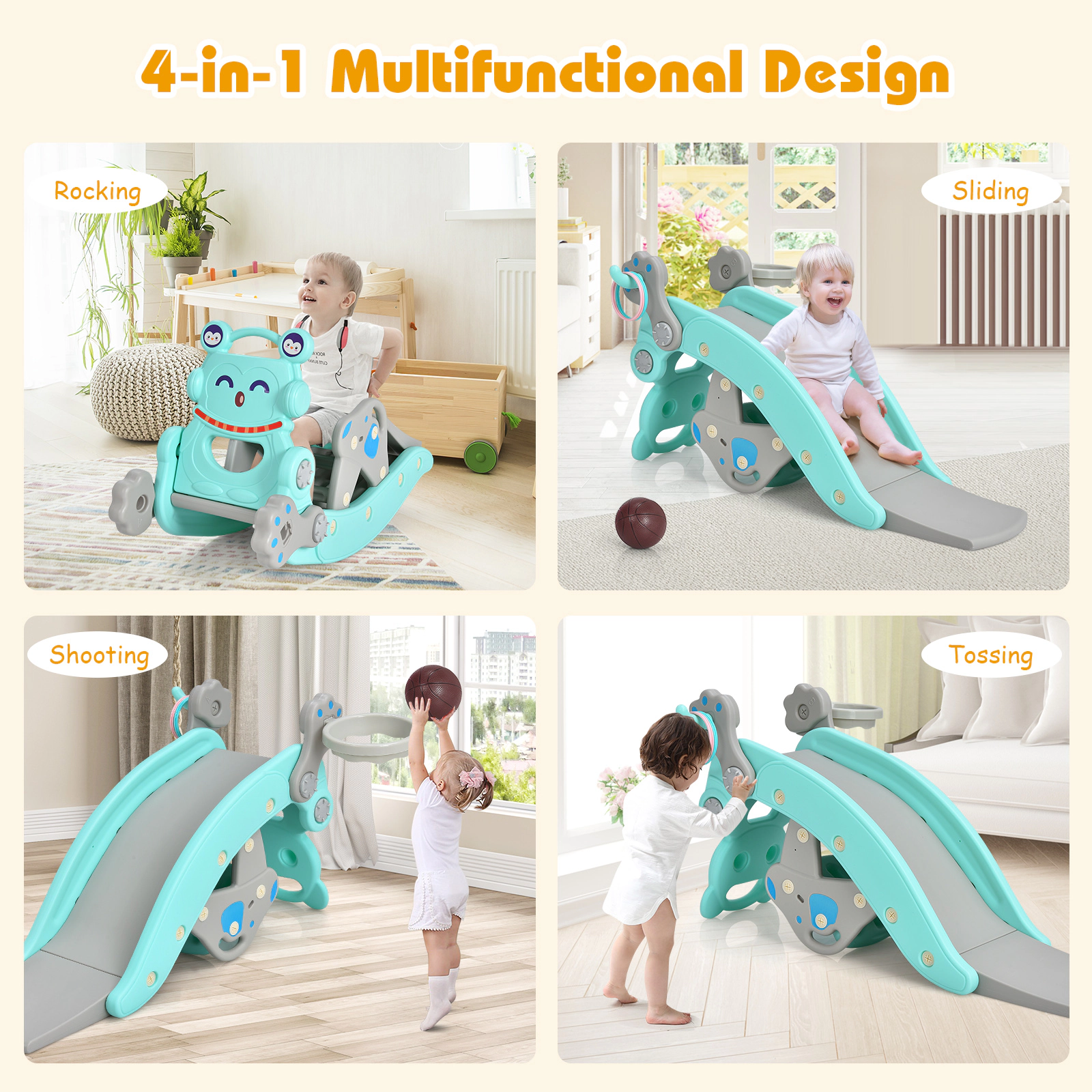 SUGIFT 4-in-1 Rocking Horse and Slide Set with Basketball Hoop and Ring Toss 132-lb Capacity Ages 1-5 Blue