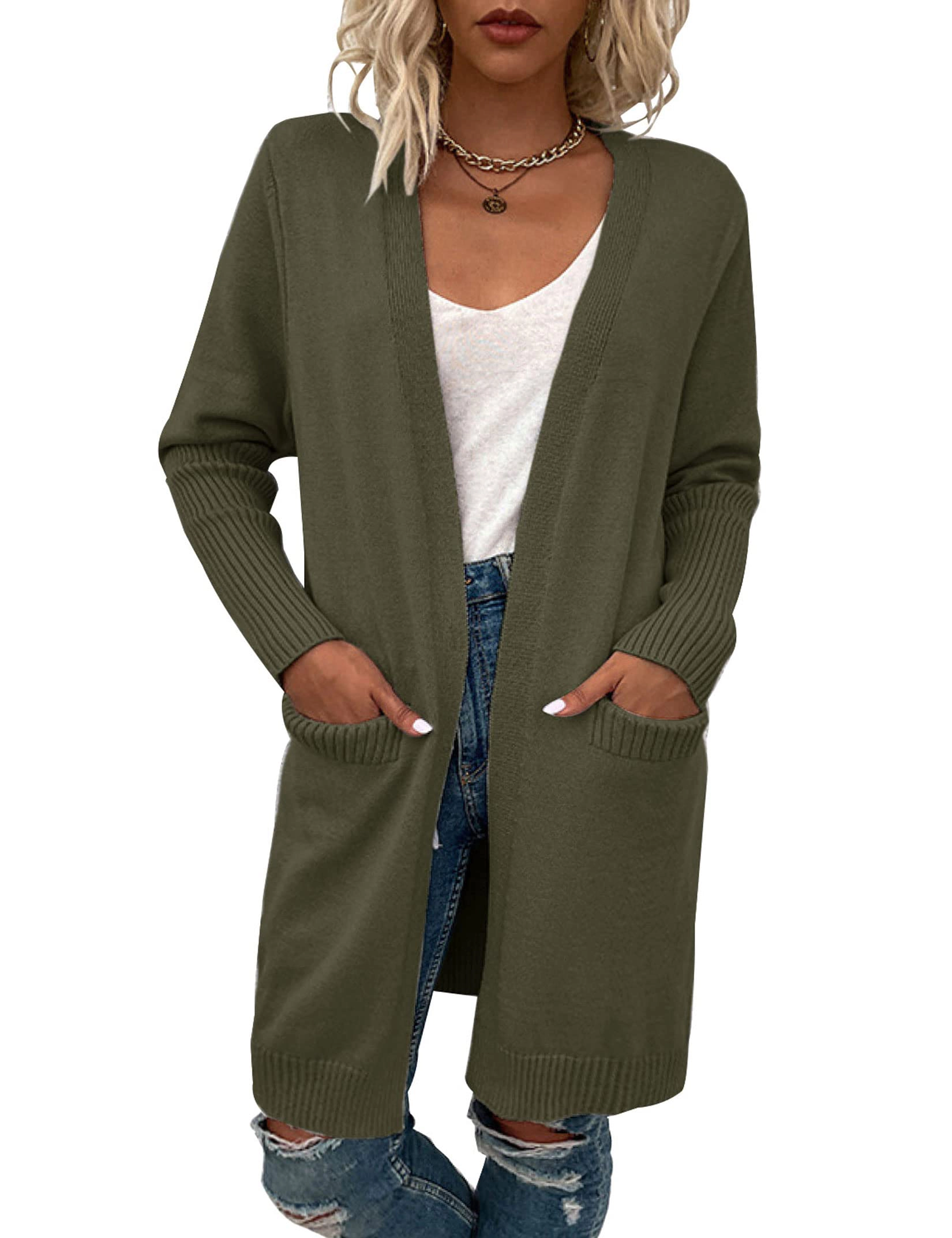 KOJOOIN Women's Long Cardigan Cable Knitted Open Front Oversized Sleeve Sweater Tops
