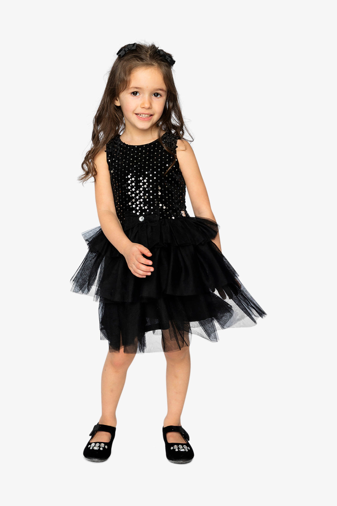 Deux par Girls Bi-Material Sparkle Velour Sleeveless Tiered Mesh Dress