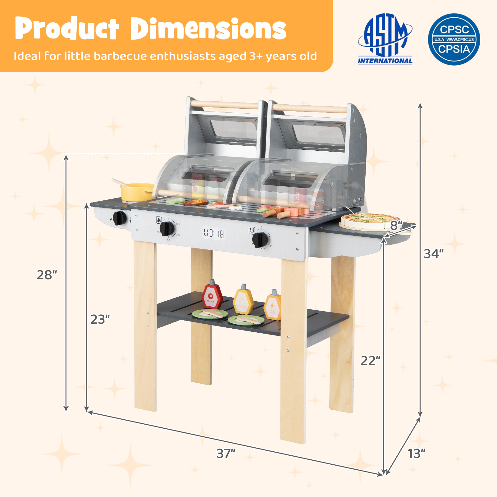 Wooden Kids BBQ Grill Playset Safety Lid Latch See-Through Windows 19-pc Accessory Set 37-in Toy Grill Ages 3+ Grey
