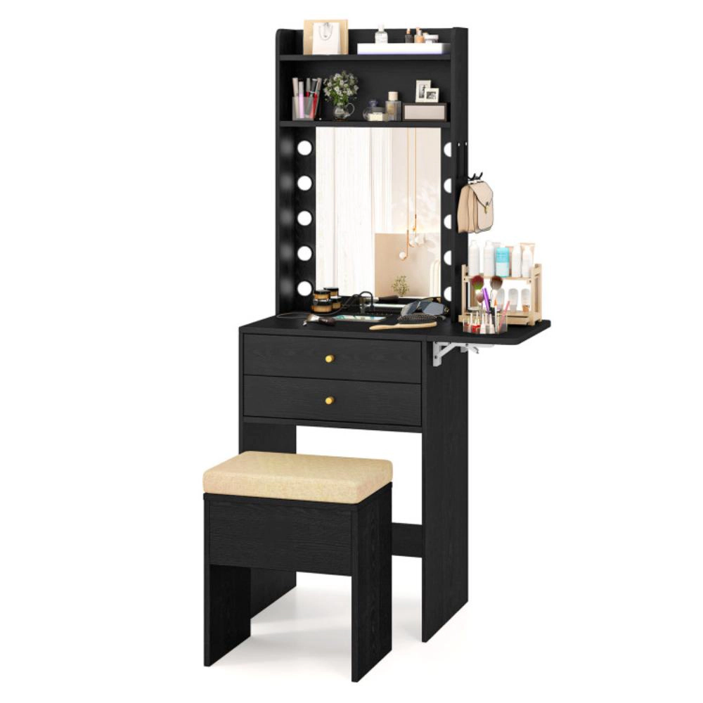 Hivvago Compact Vanity Desk Set With 3-Color Lighted Mirror And Power Outlets-Black