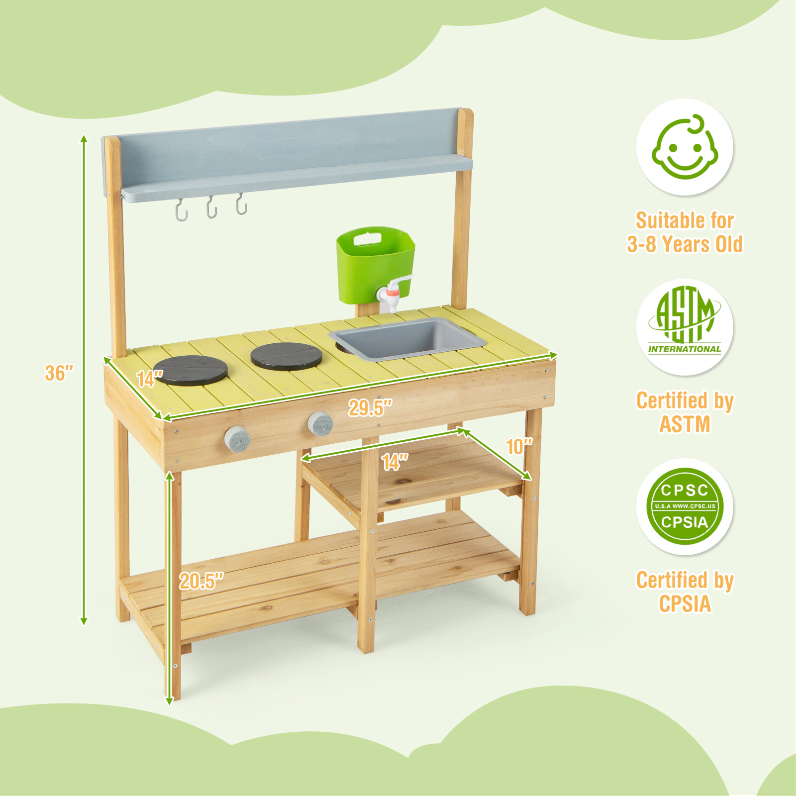 SUGIFT Natural Stove Top and Storage Shelves Backyard Kids Wooden Pretend Play Kitchen
