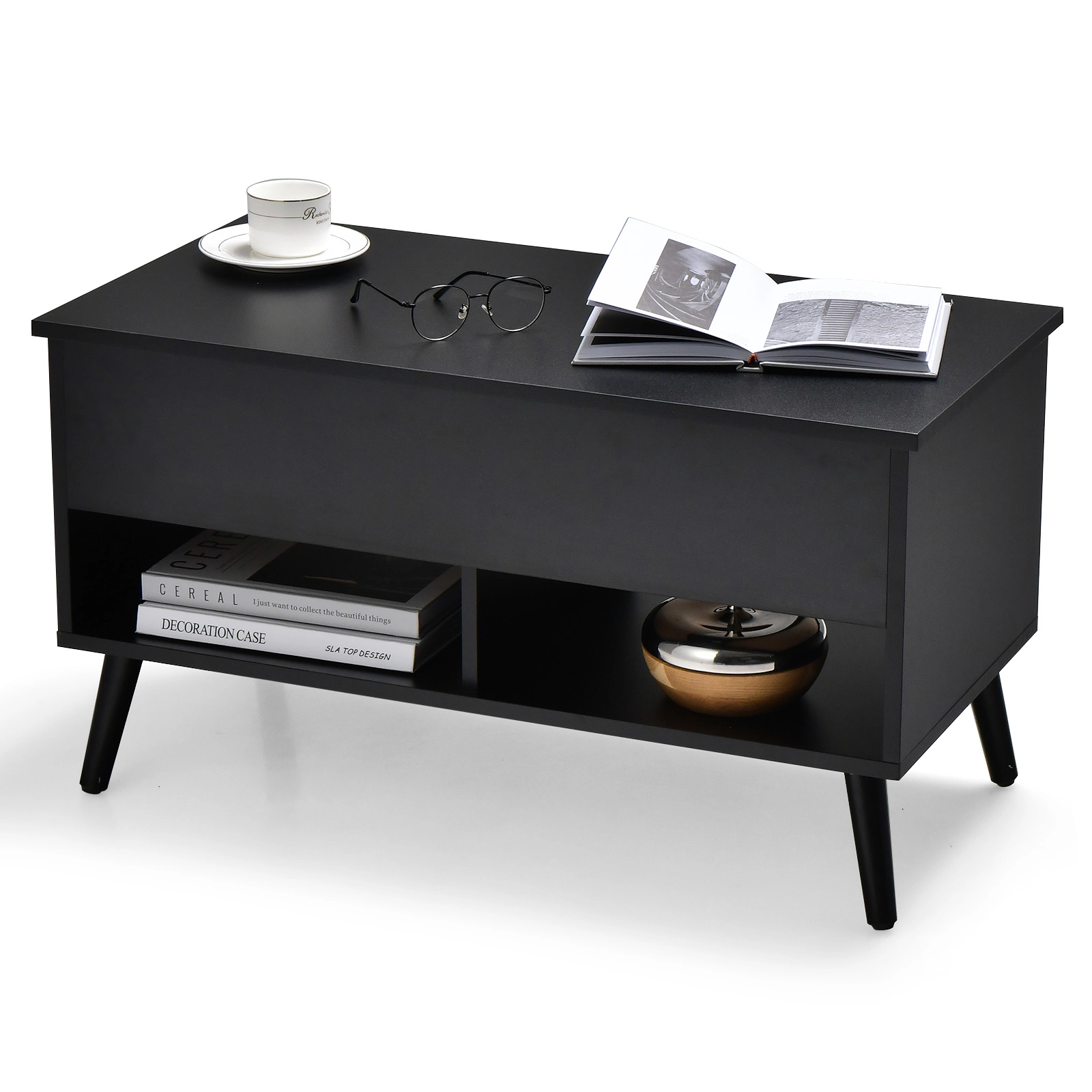 Glintex 31.5-Inch Lift-Top Coffee Table with Hidden Compartment and Shelves, Black