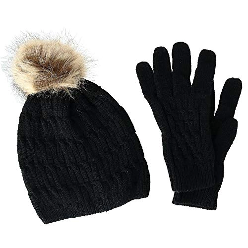 CTM® Women's Knit Beanie Hat with Pom and Matching Gloves Set