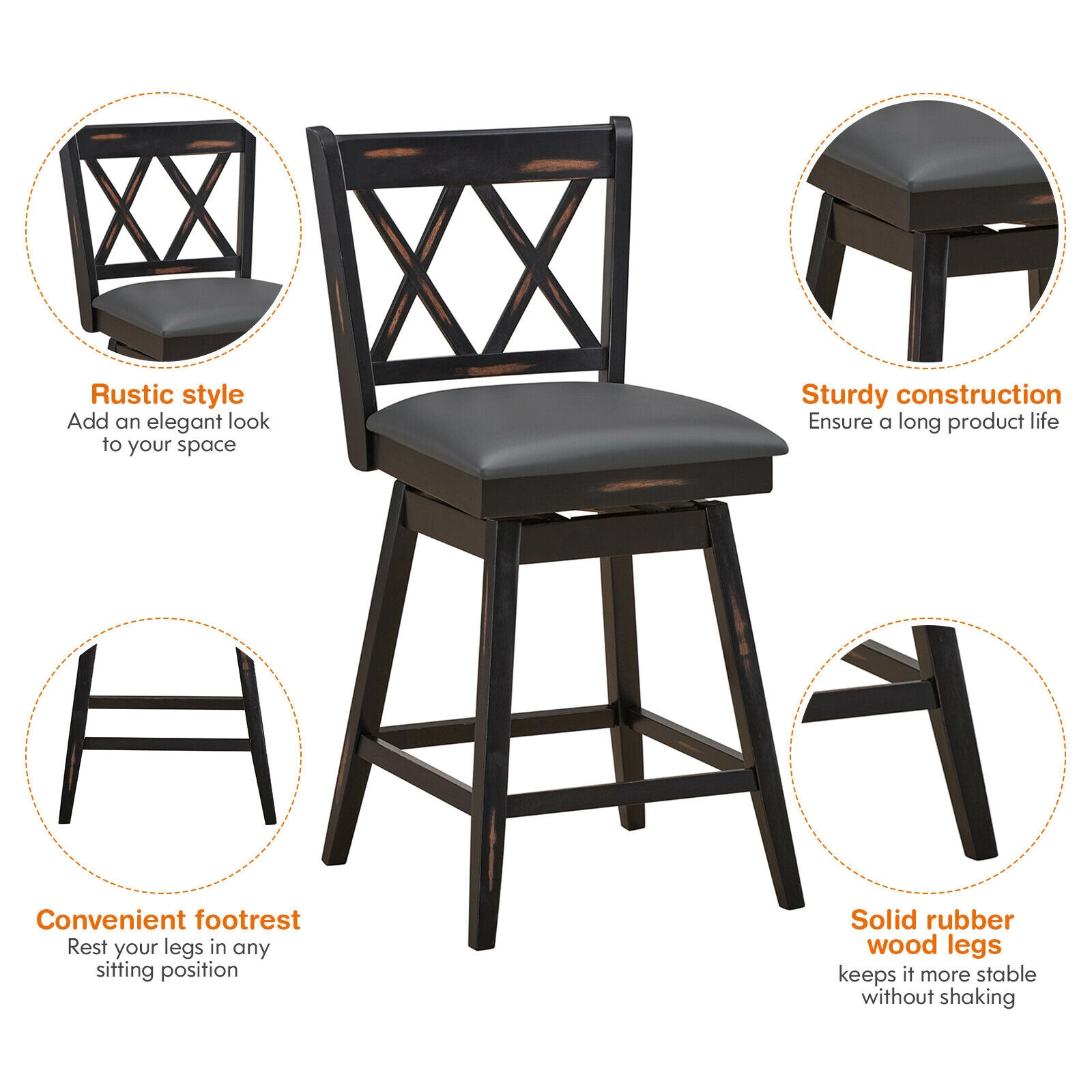 SUGIFT Black Rubber Wood Legs 2 Piece 24 Inch Swivel Counter Height Bar Stool Set