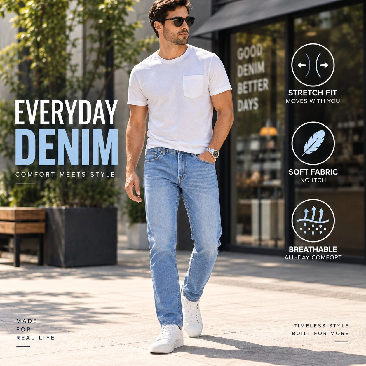 BenBen Men's Medium Stretch Slim Fit Denim Jeans, 3-Pack (Black, Blue, Navy)